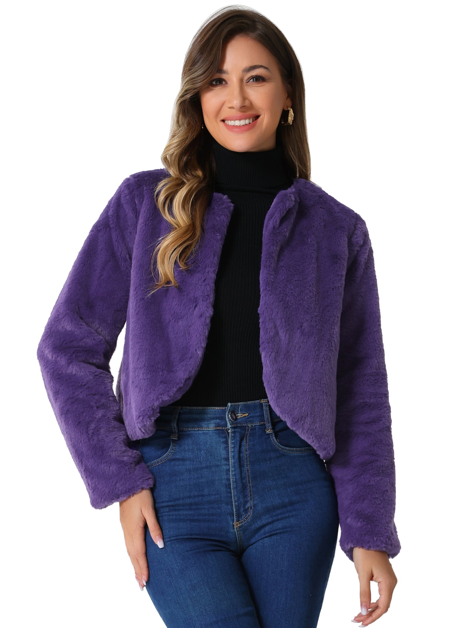 Winter Open Front Long Sleeve Faux Fur Bolero Shrugs Jacket
