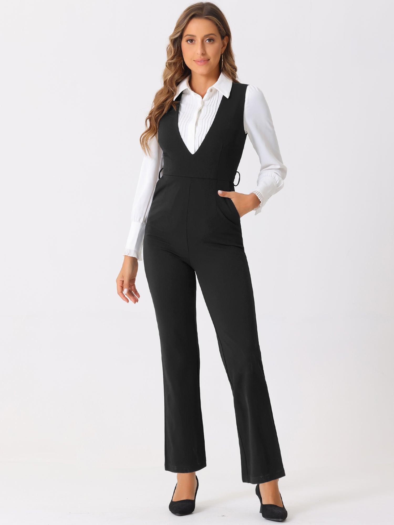 High Waisted Belted Sleeveless Long Suspender Overall Jumpsuit