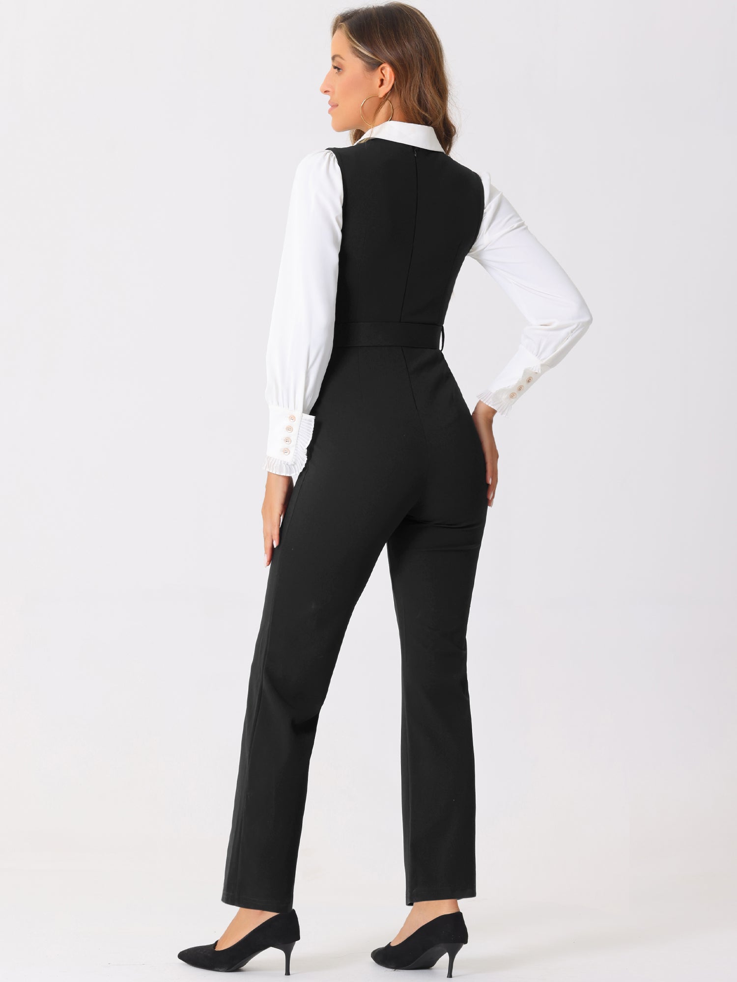High Waisted Belted Sleeveless Long Suspender Overall Jumpsuit