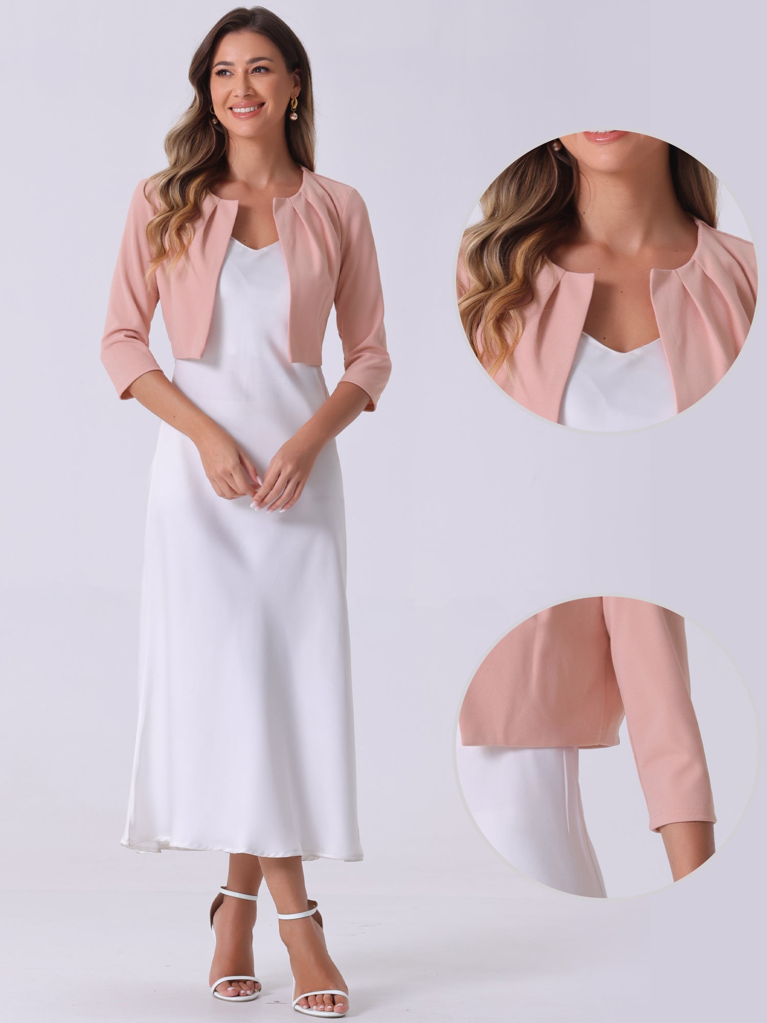 3/4 Sleeve Collarless Pleated Open Front Shrugs