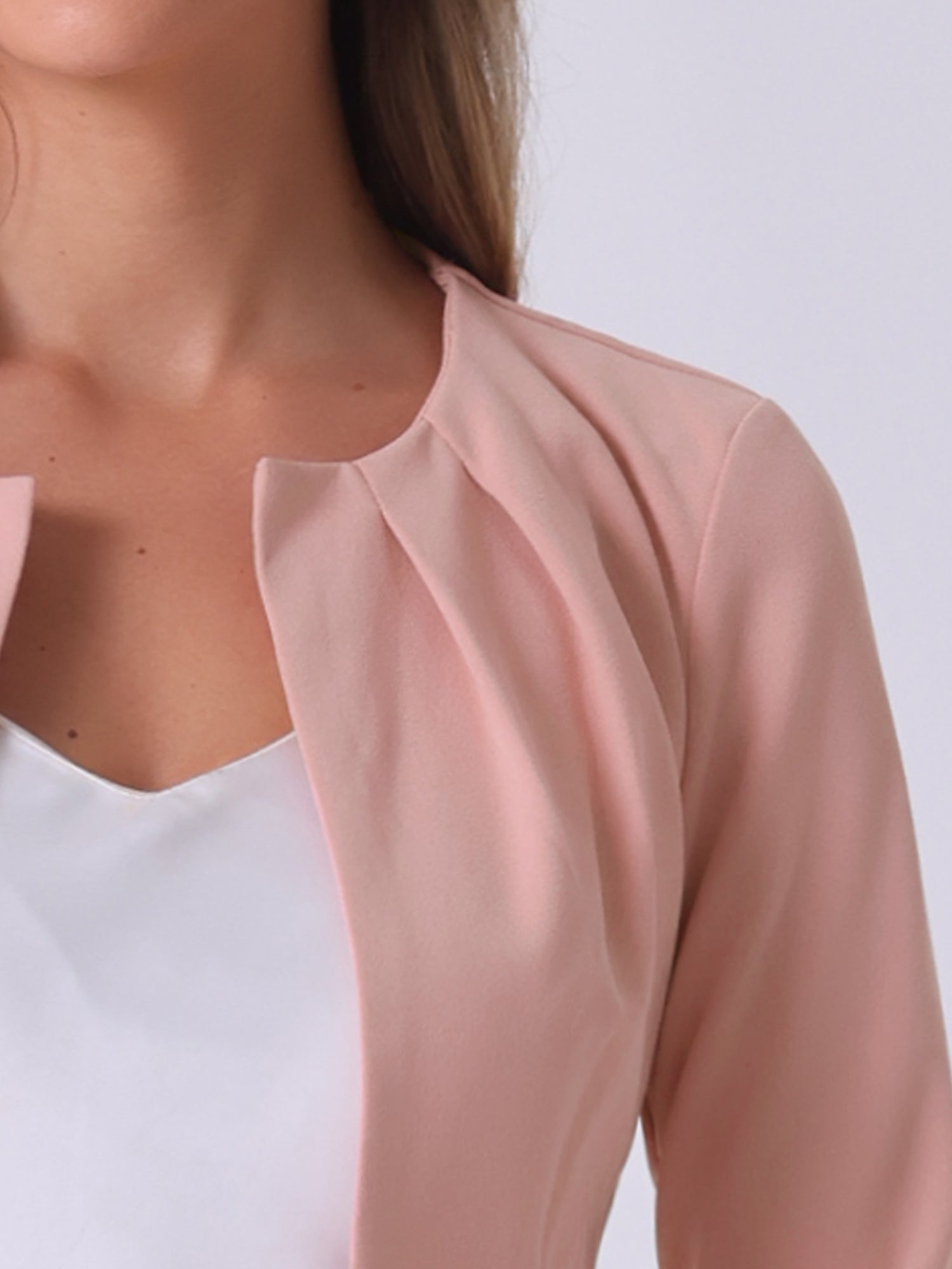 3/4 Sleeve Collarless Pleated Open Front Shrugs