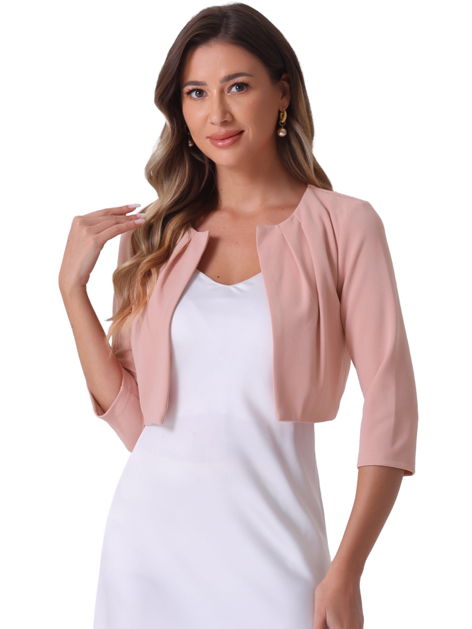 3/4 Sleeve Collarless Pleated Open Front Shrugs
