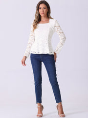 Lace Square Neck Long Sleeve Stertch Peplum Blouse