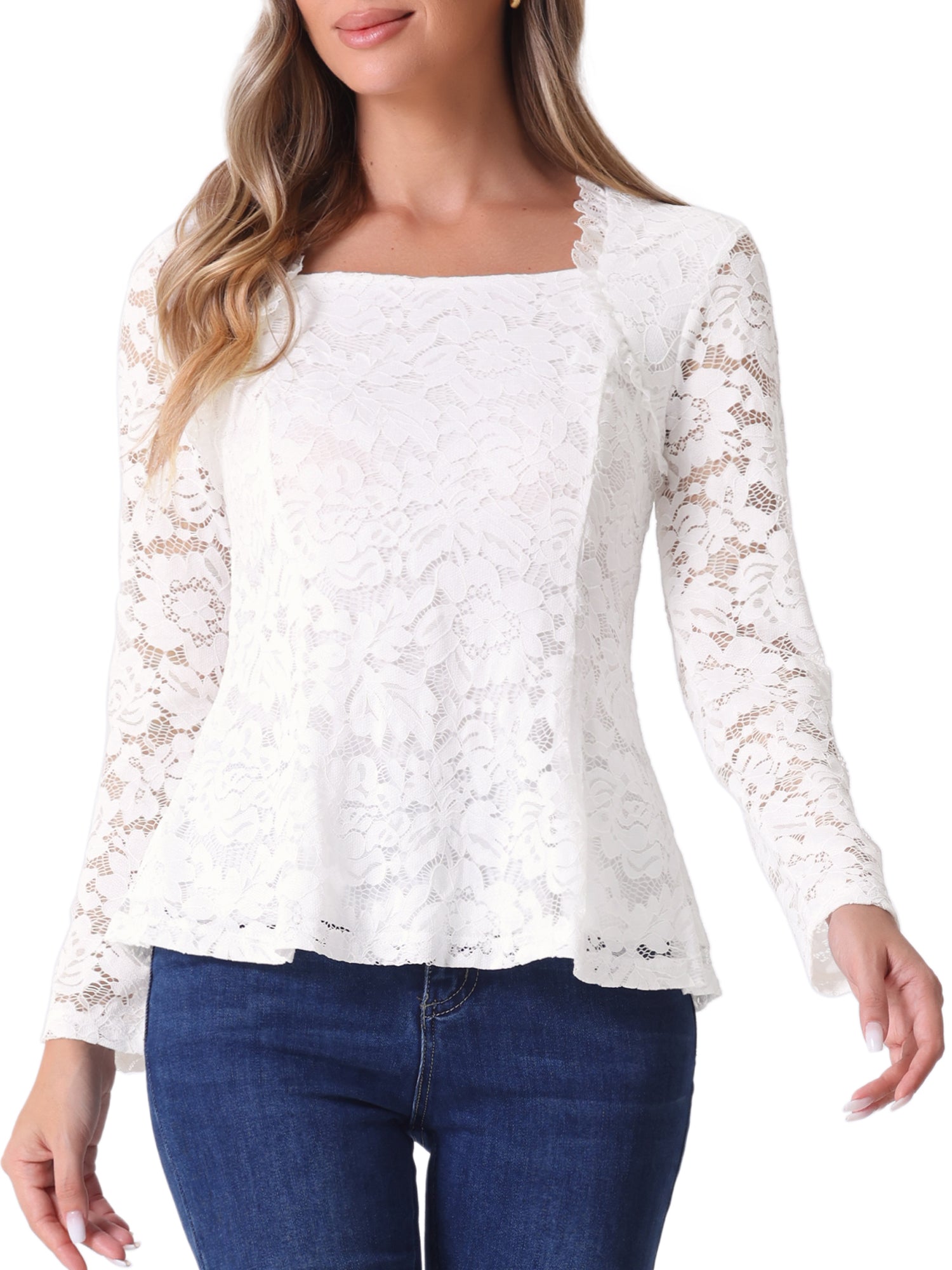 Lace Square Neck Long Sleeve Stertch Peplum Blouse