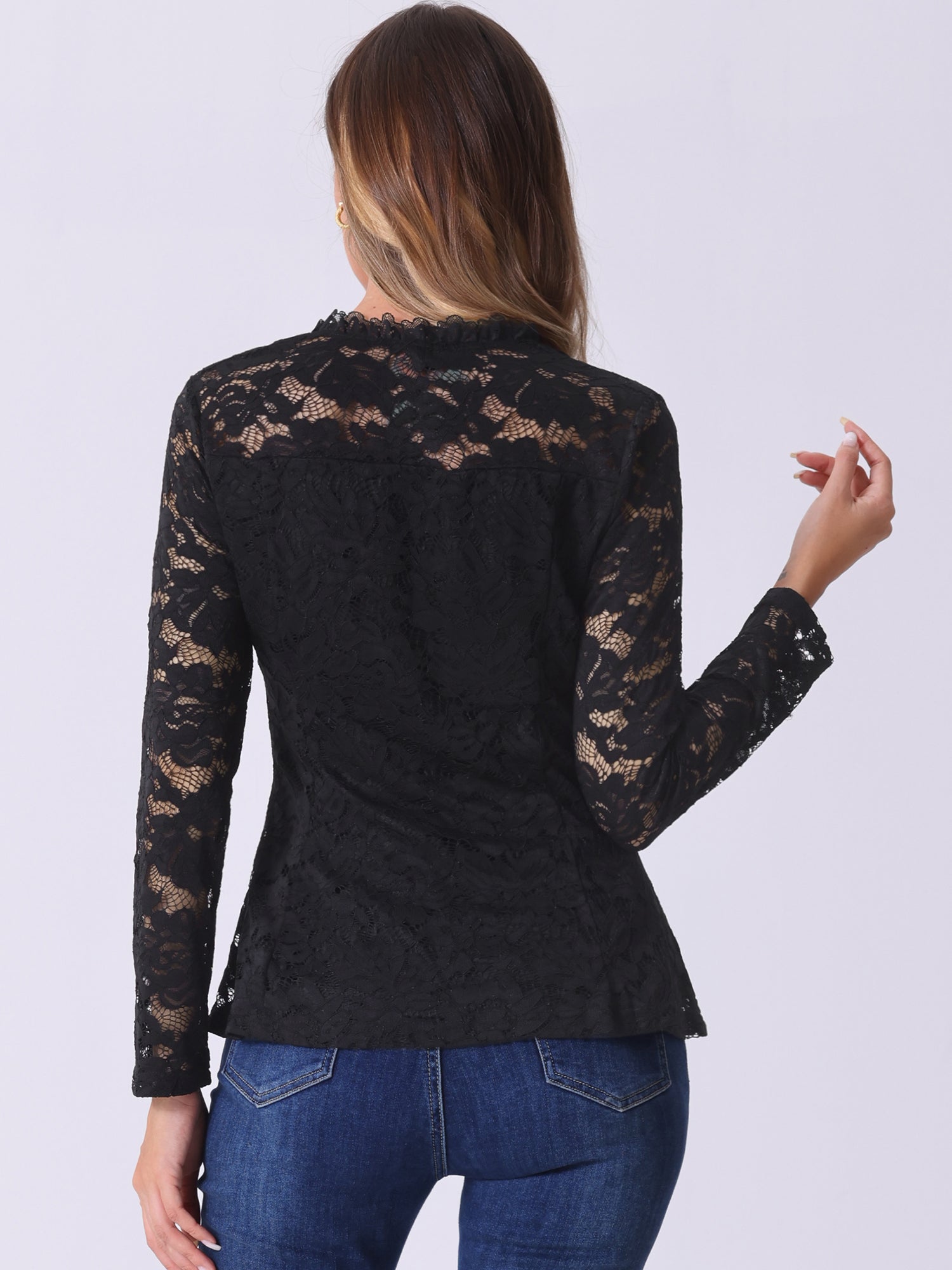 Lace Square Neck Long Sleeve Stertch Peplum Blouse