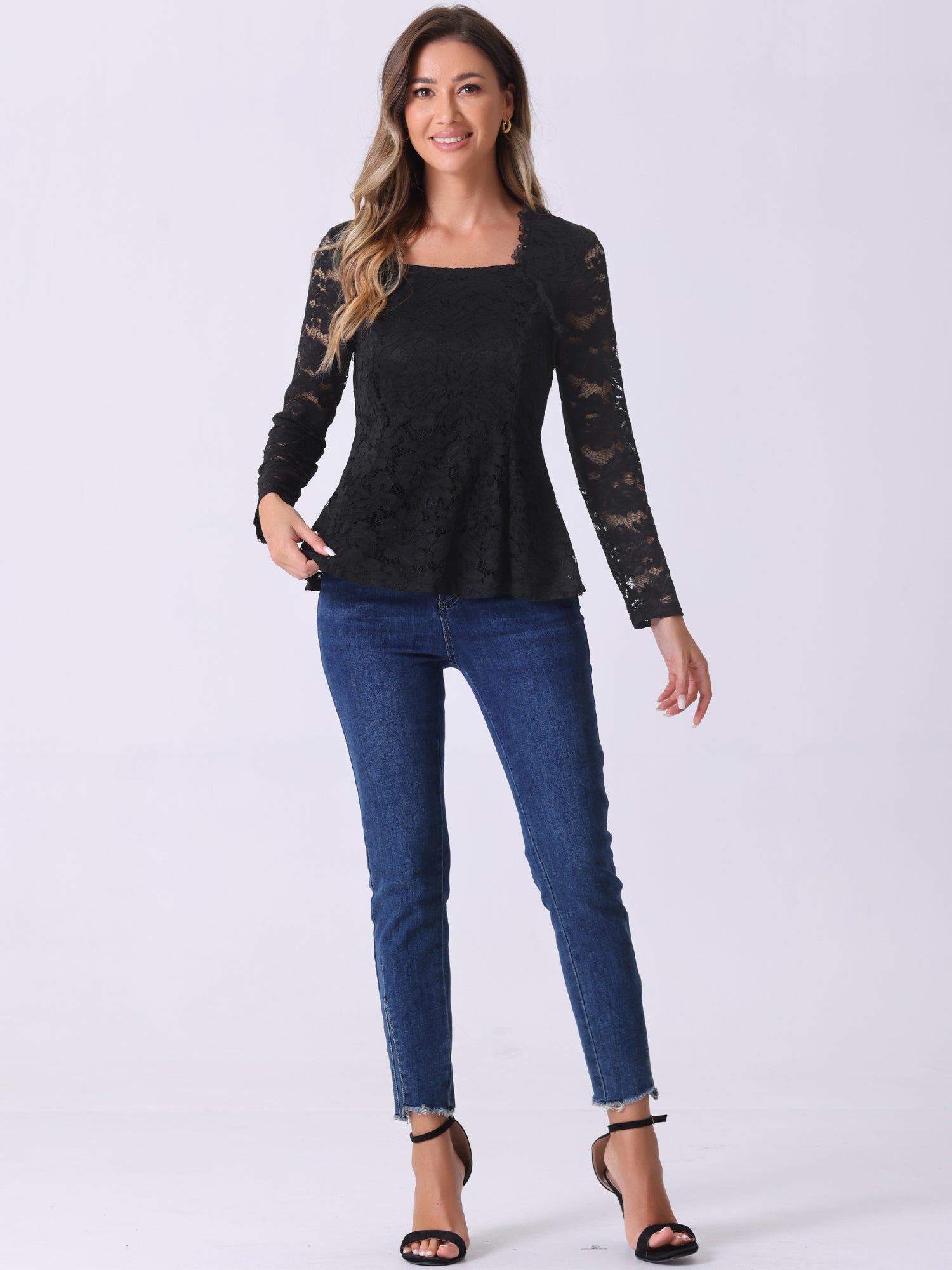 Lace Square Neck Long Sleeve Stertch Peplum Blouse
