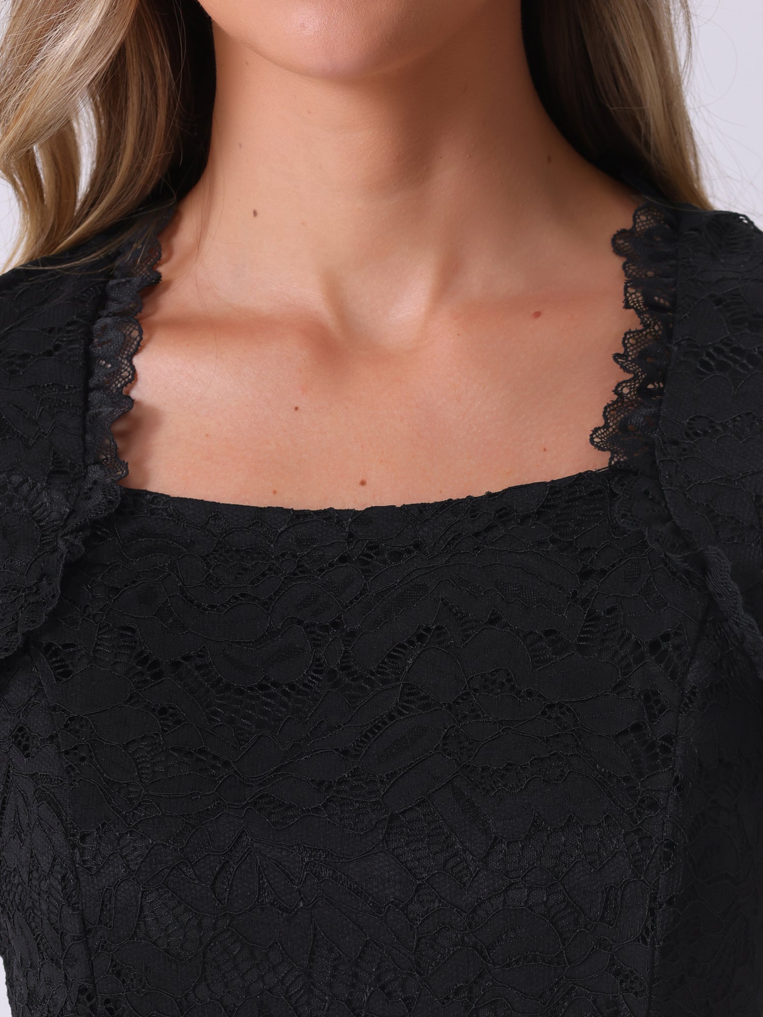 Lace Square Neck Long Sleeve Stertch Peplum Blouse
