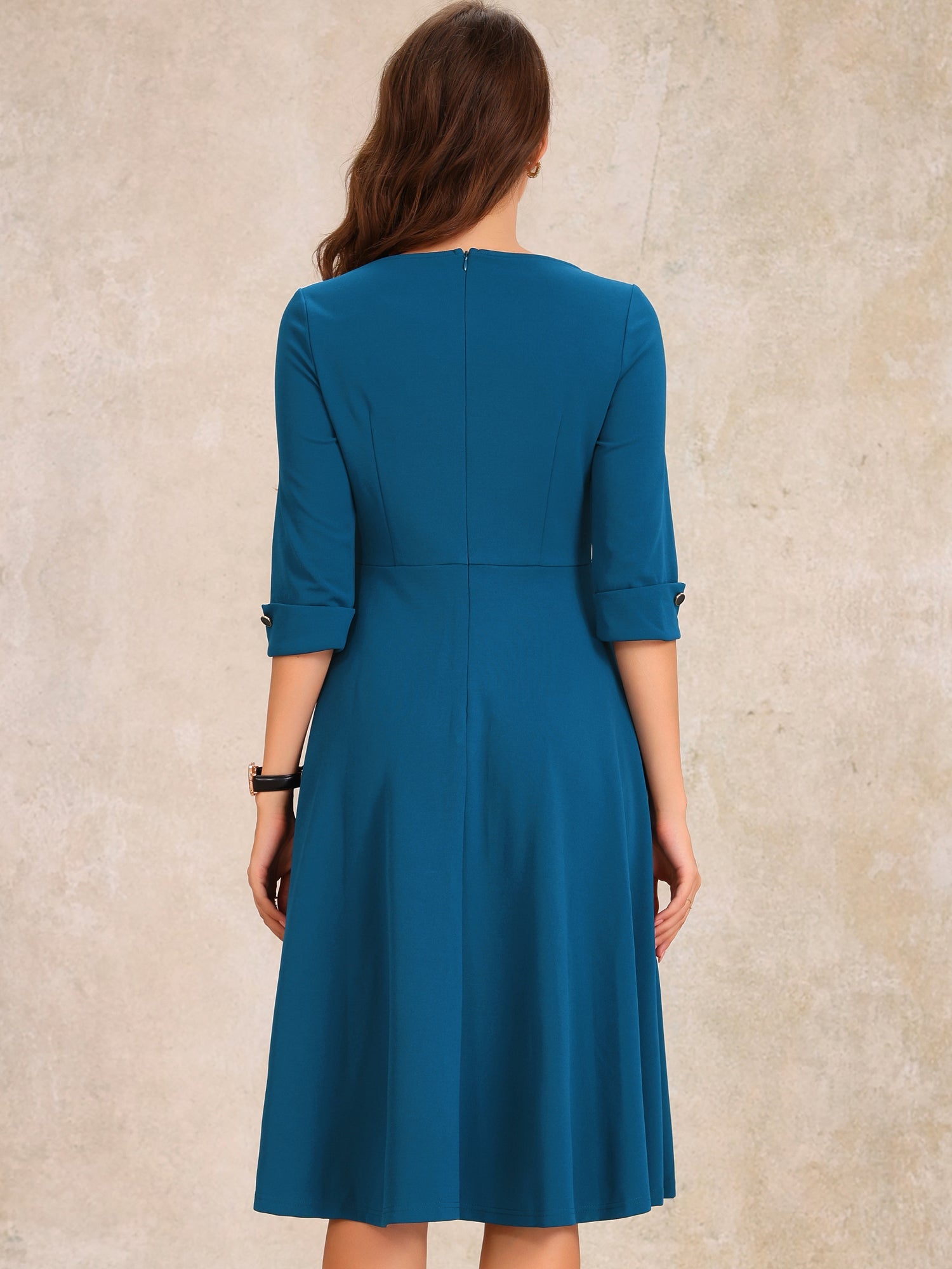 3/4 Sleeve Boat Neck Solid Color A-Line Midi Dress