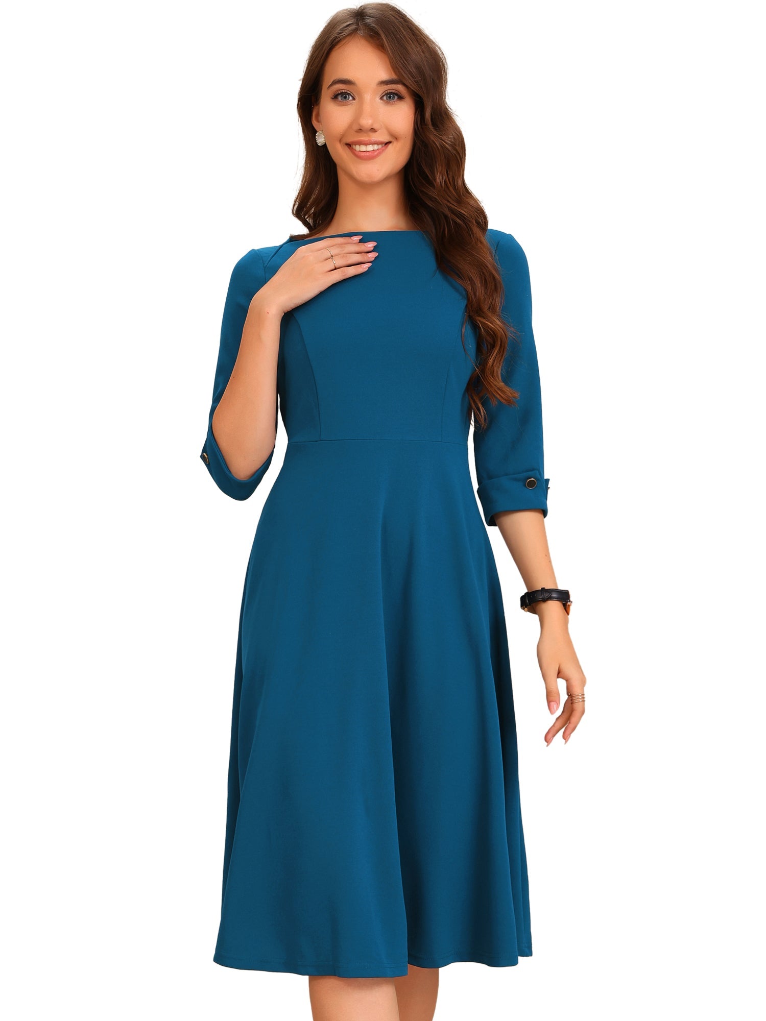 3/4 Sleeve Boat Neck Solid Color A-Line Midi Dress