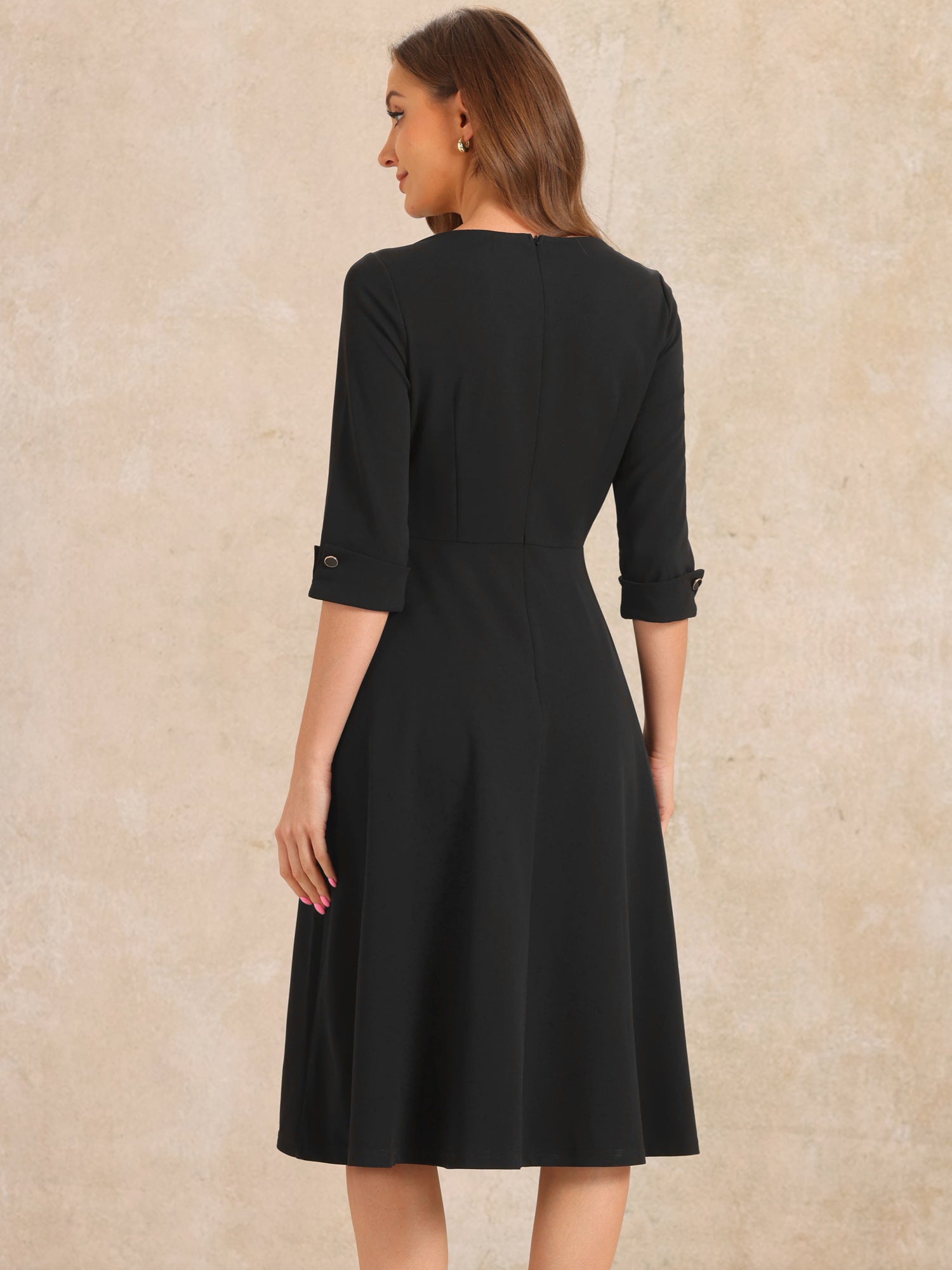 3/4 Sleeve Boat Neck Solid Color A-Line Midi Dress