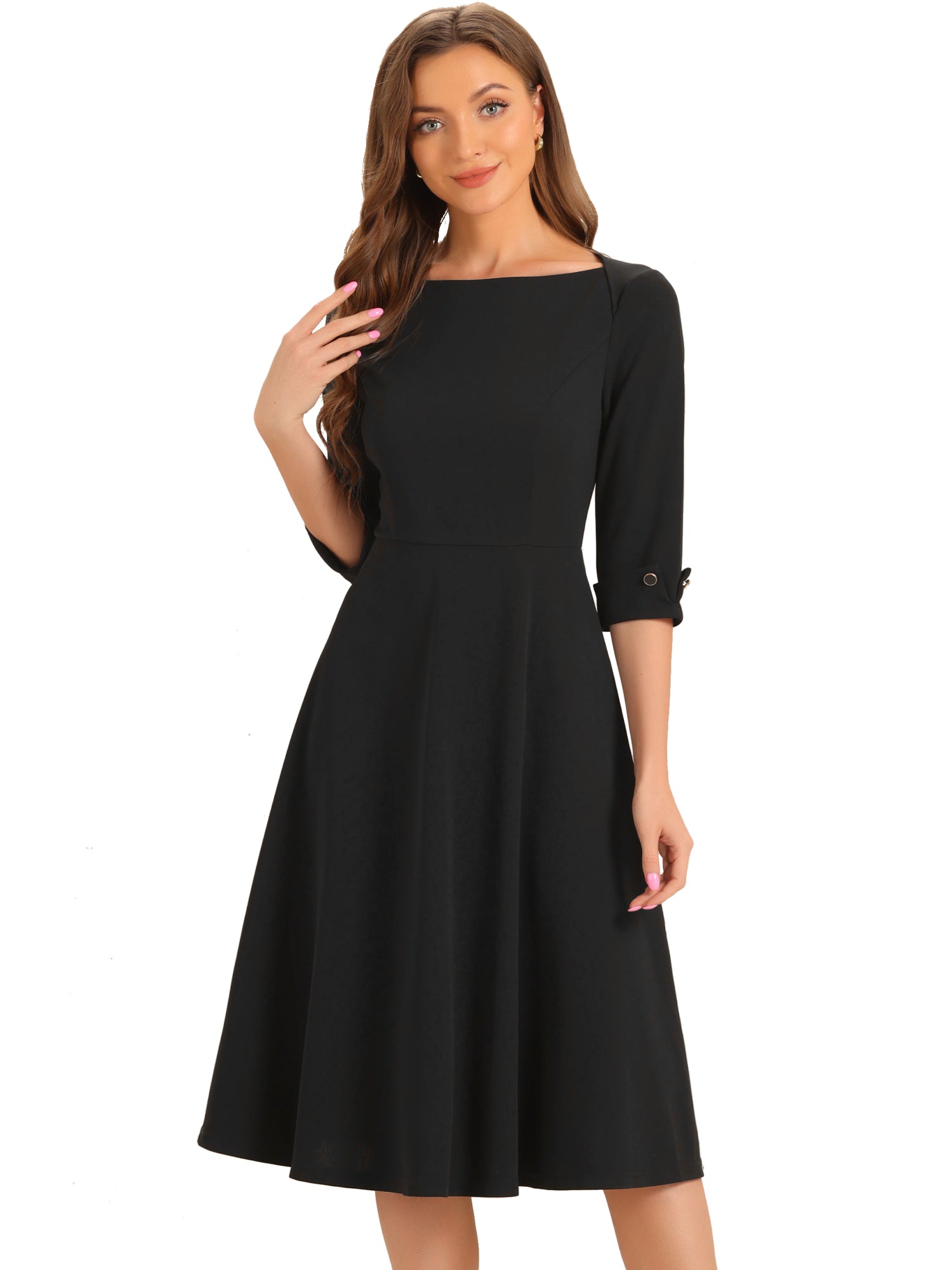3/4 Sleeve Boat Neck Solid Color A-Line Midi Dress