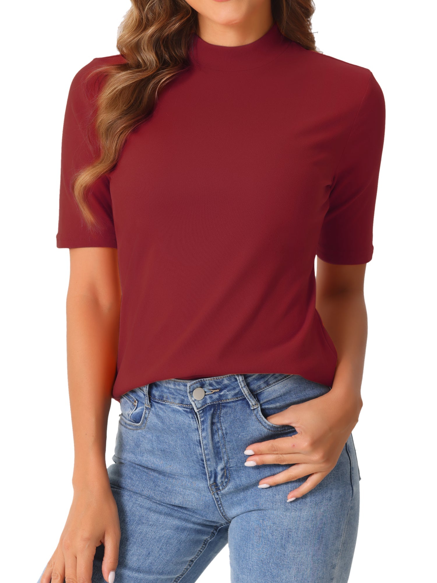Mock Neck Solid Color Short Sleeves Casual T-shirts