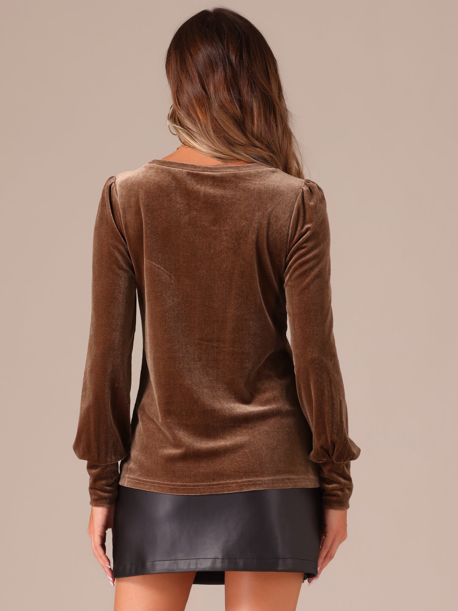 Velvet Round Neck Puff Long Sleeve Casual Pullover Blouse