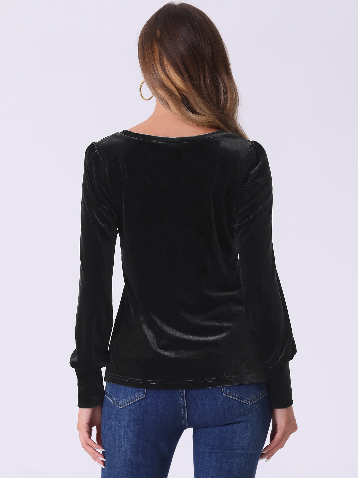 Velvet Round Neck Puff Long Sleeve Casual Pullover Blouse