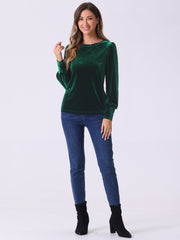 Velvet Round Neck Puff Long Sleeve Casual Pullover Blouse
