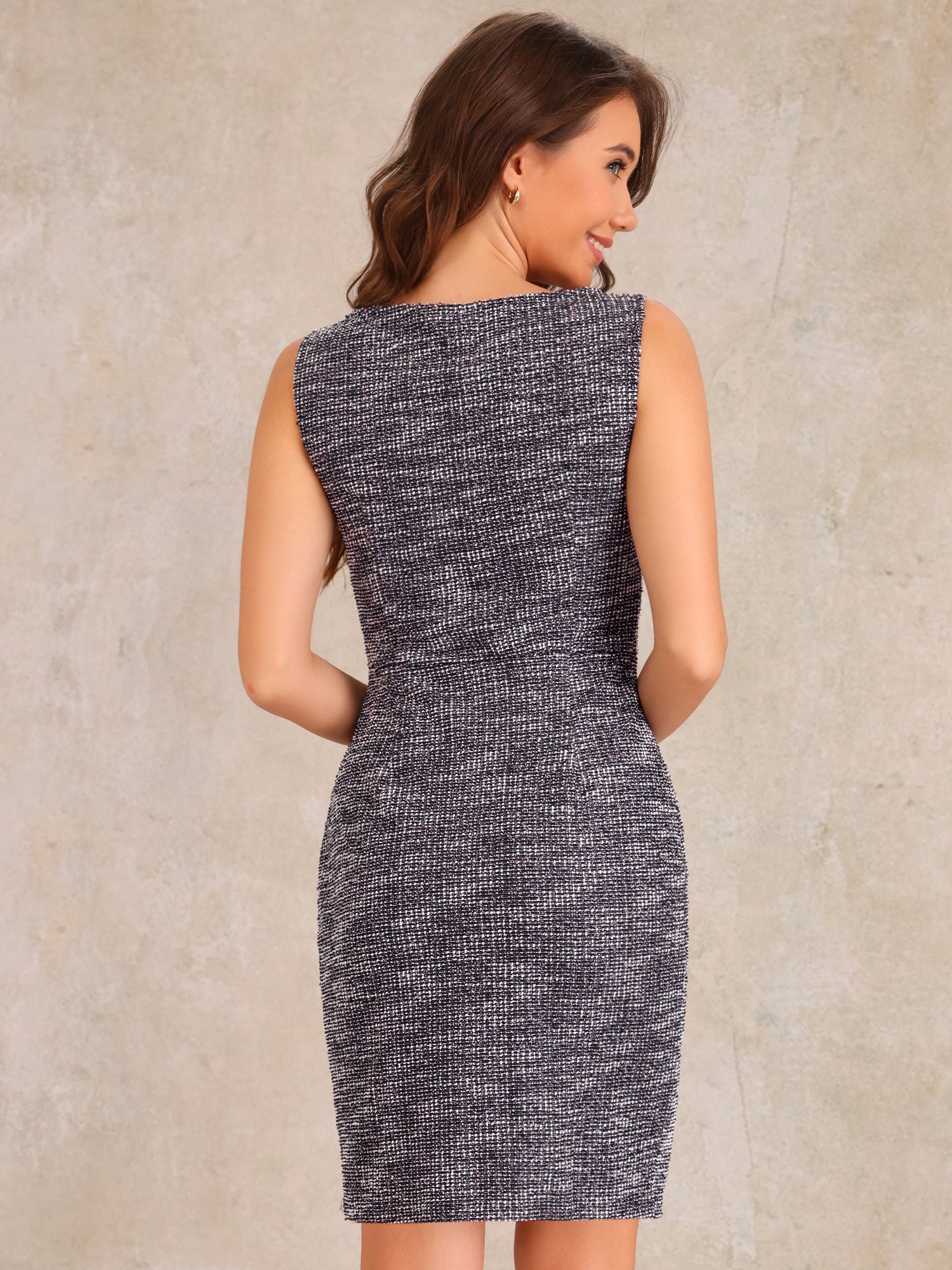 Tweed Plaid Boat Neck Sleeveless Midi Sheath Dress