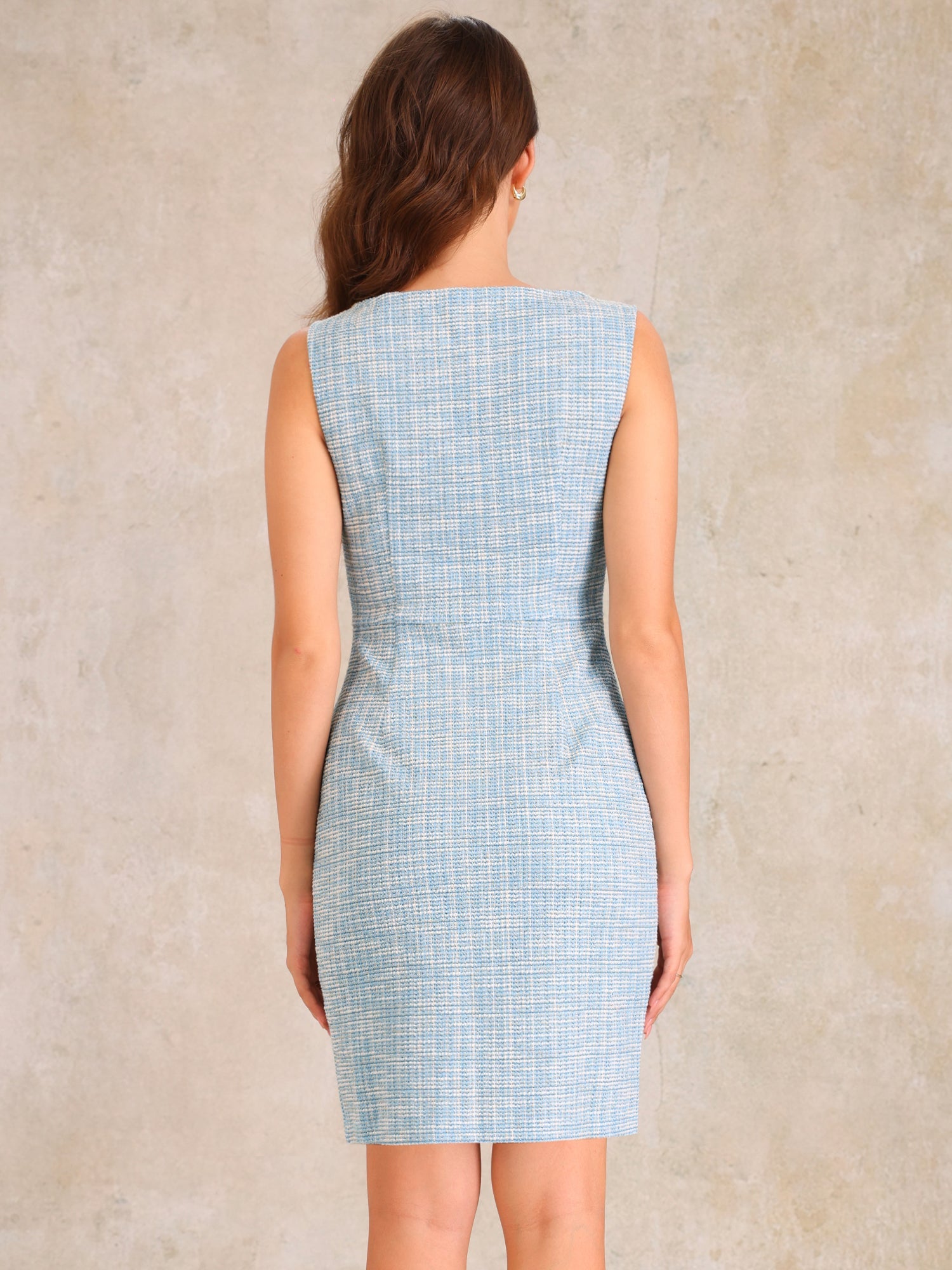 Tweed Plaid Boat Neck Sleeveless Midi Sheath Dress
