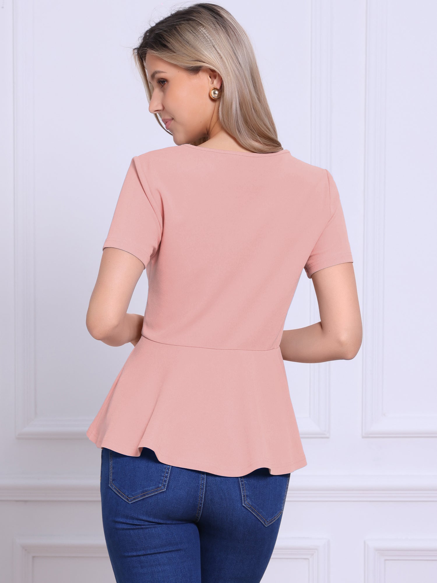 Short Sleeve Round Neck Solid Color Peplum Blouse