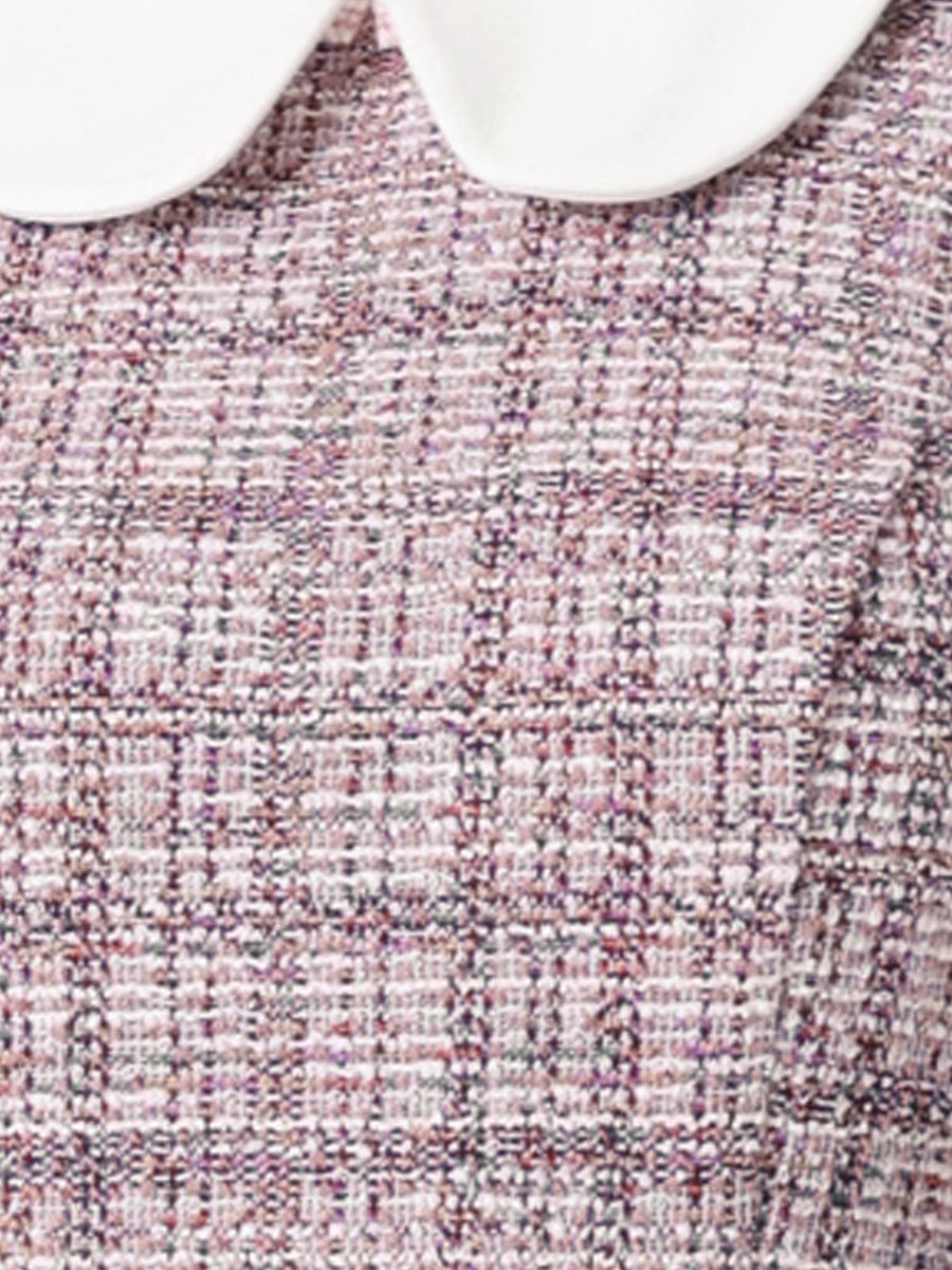 Tweed Peter Pan Collar Puff Short Sleeve A-line Midi Dress
