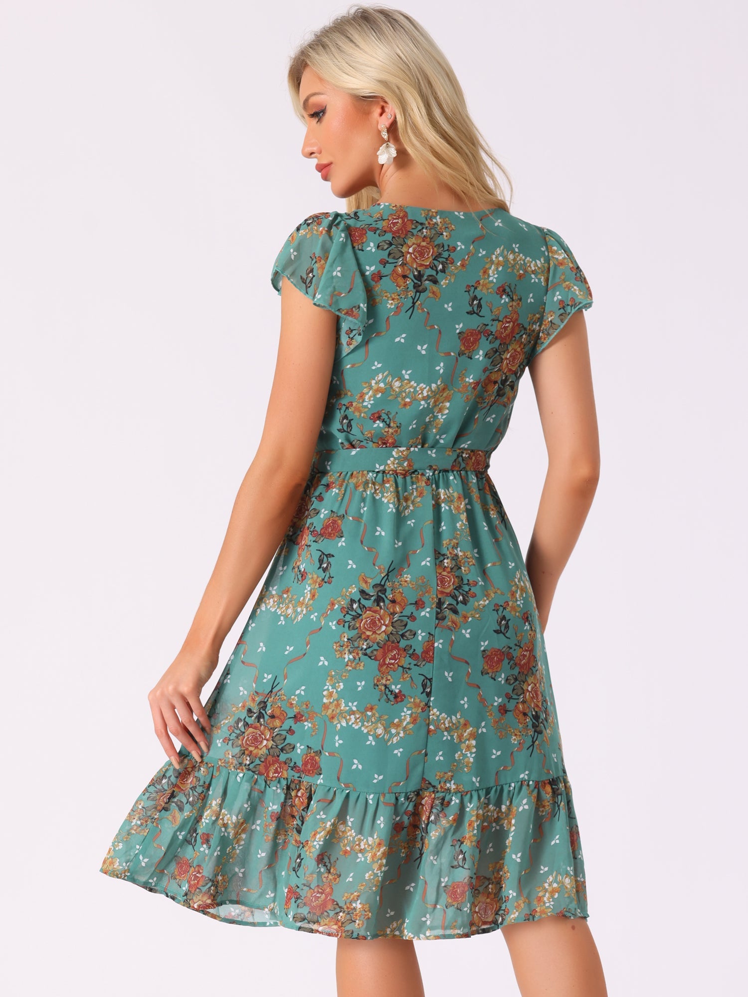 Floral Chiffon Flutter Sleeve Belted Square Neck Ruffled Hem Dress