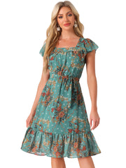 Floral Chiffon Flutter Sleeve Belted Square Neck Ruffled Hem Dress