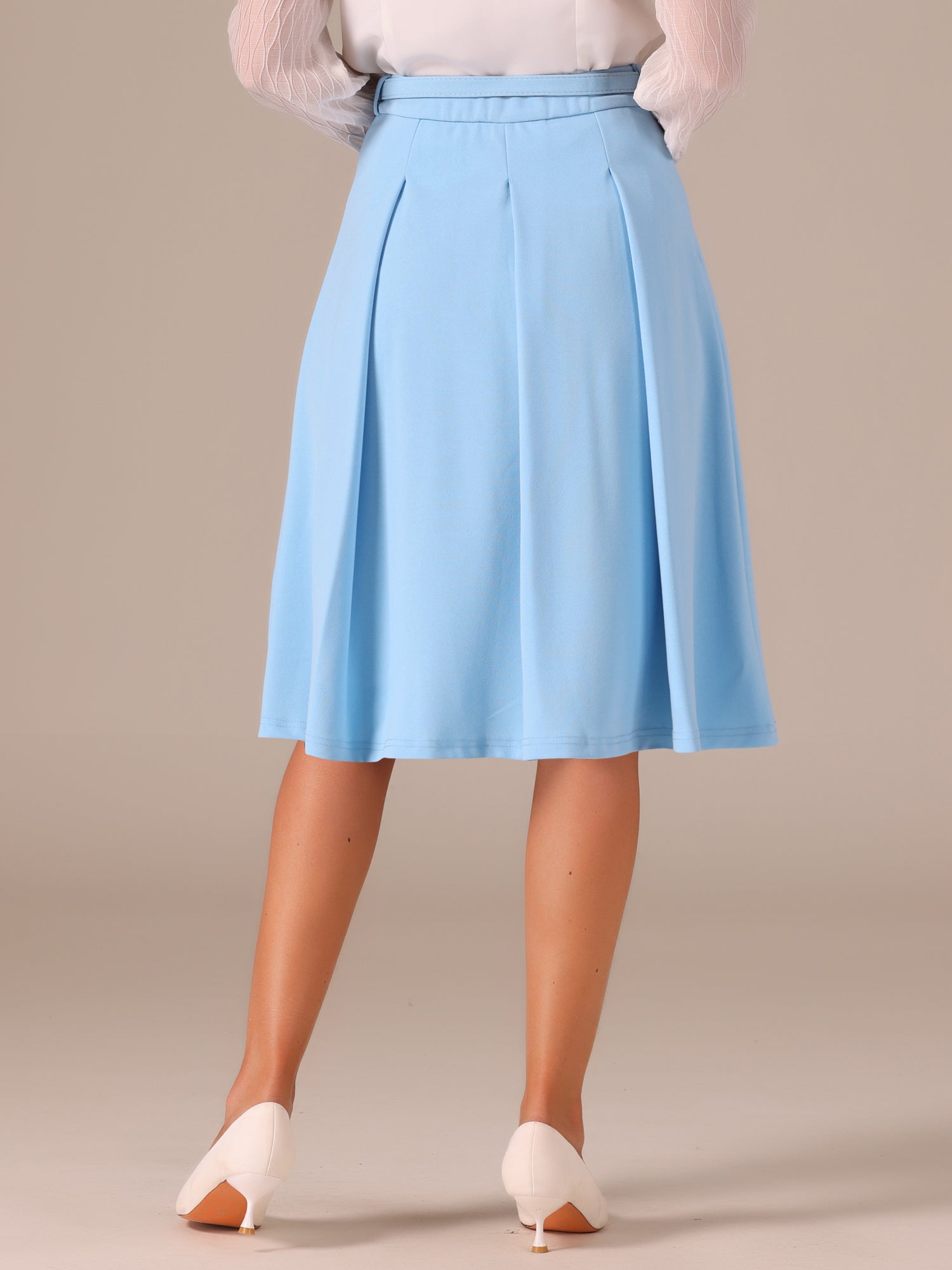Women's A-Line Belted Waist Casual Midi Flare Pleated Skirt