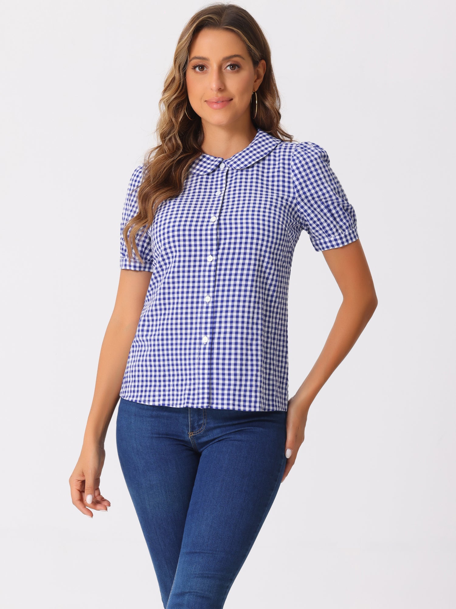 Plaid Puff Short Sleeve Gingham Peter Pan Collar Button Down Shirt