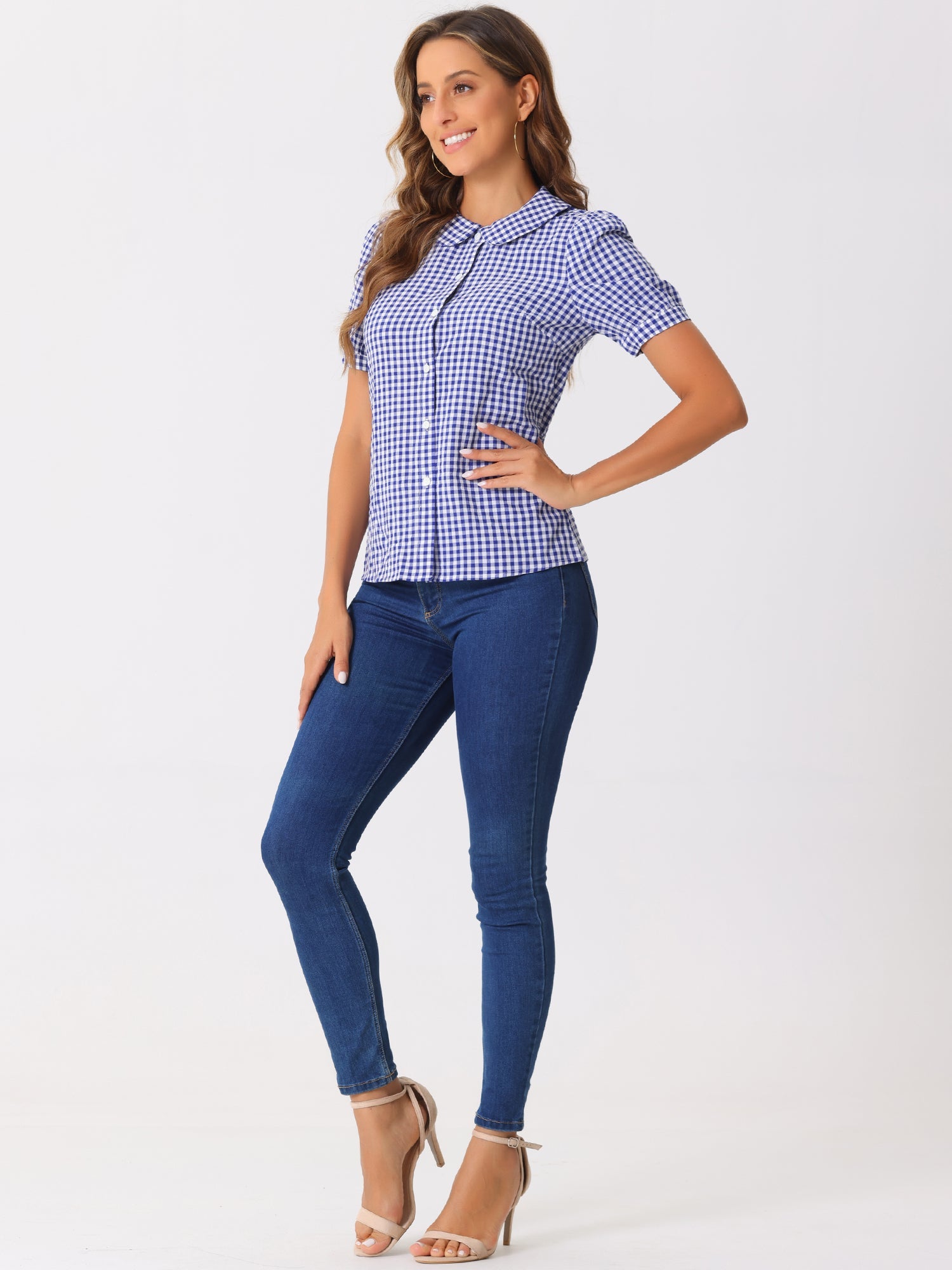 Plaid Puff Short Sleeve Gingham Peter Pan Collar Button Down Shirt