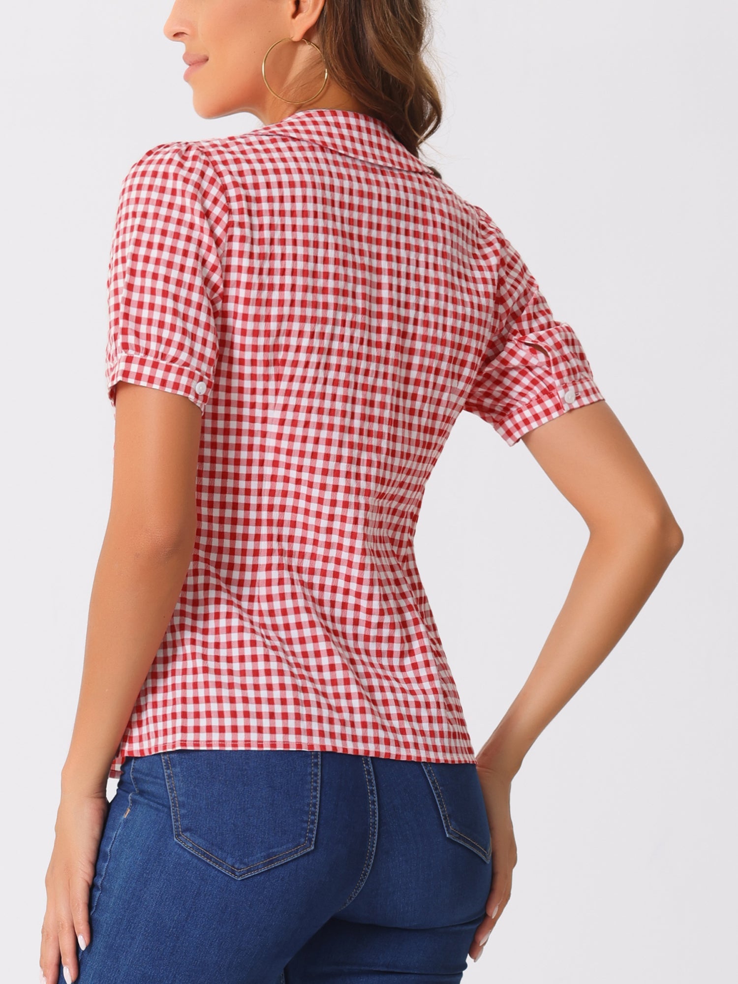 Plaid Puff Short Sleeve Gingham Peter Pan Collar Button Down Shirt