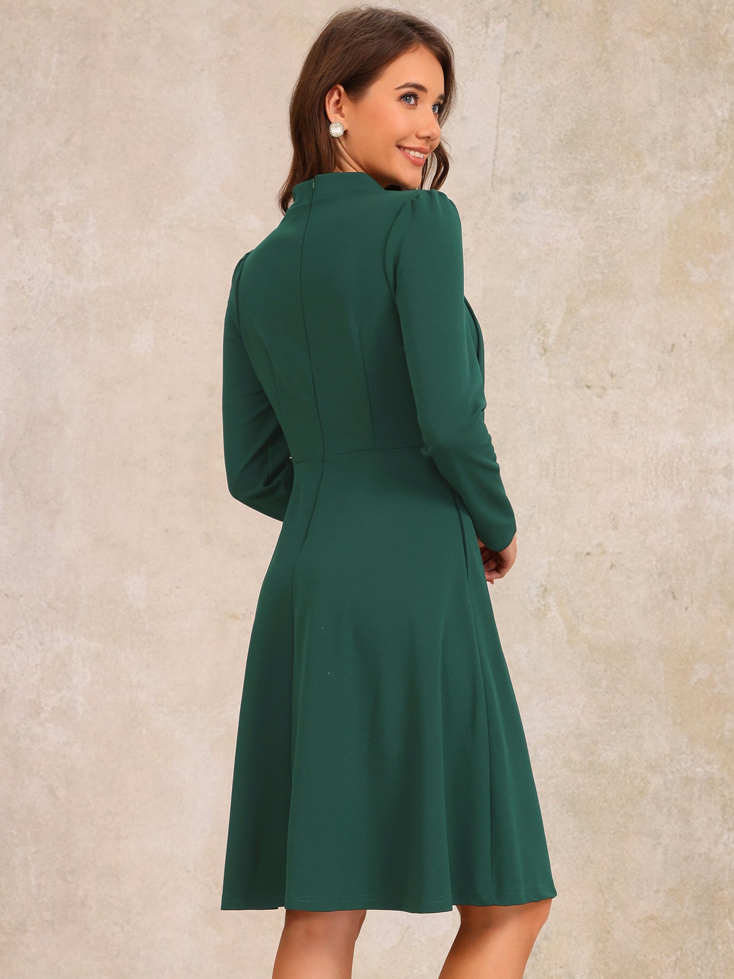 Tie Mock Neck Long Sleeves A-Line Midi Dress