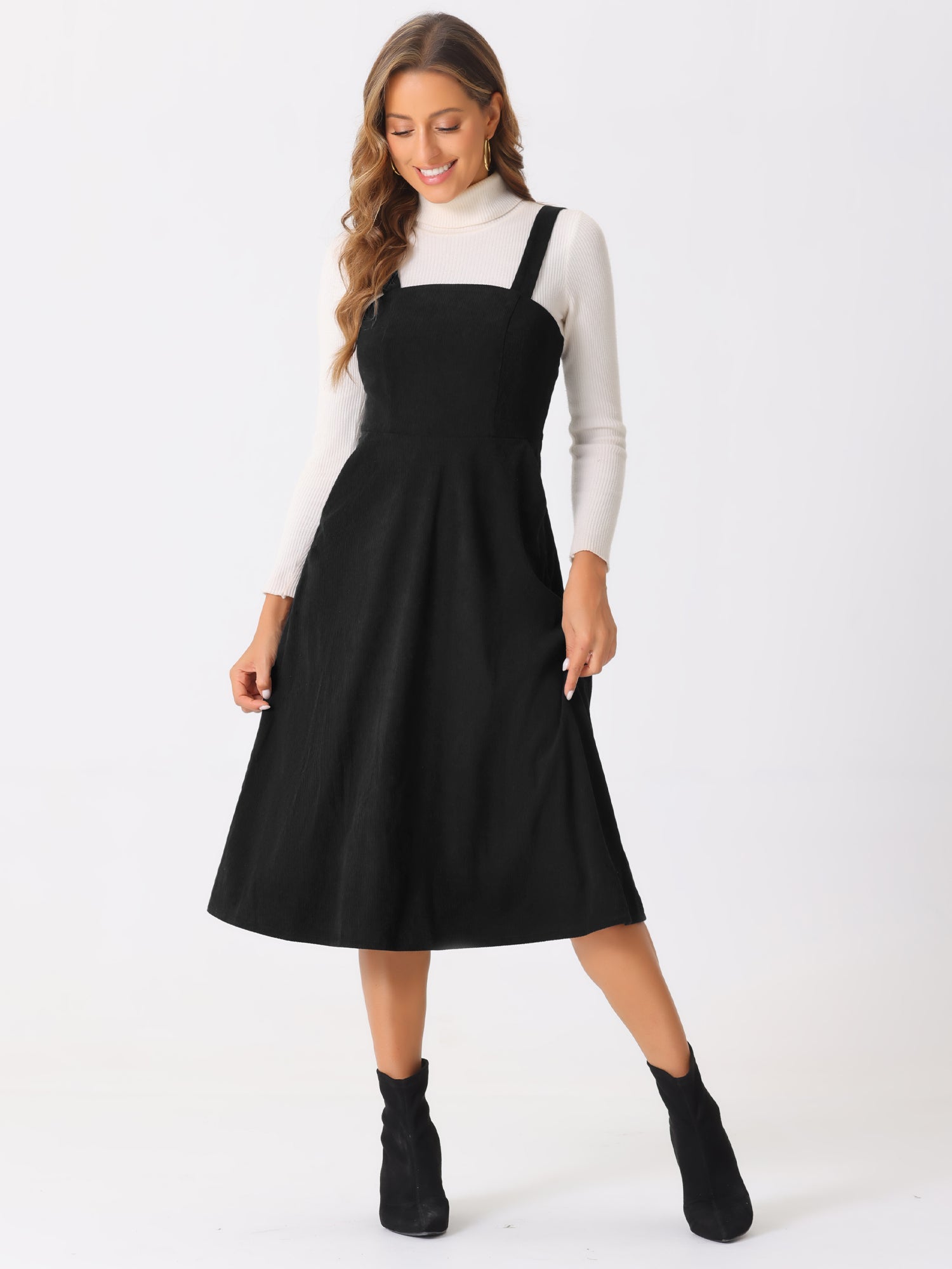 Corduroy Pockets A-Line Sleeveless Casual Midi Pinafore Dress