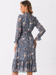 Floral Long Sleeve Belted Flowy Chiffon Midi Dress