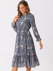 Floral Long Sleeve Belted Flowy Chiffon Midi Dress