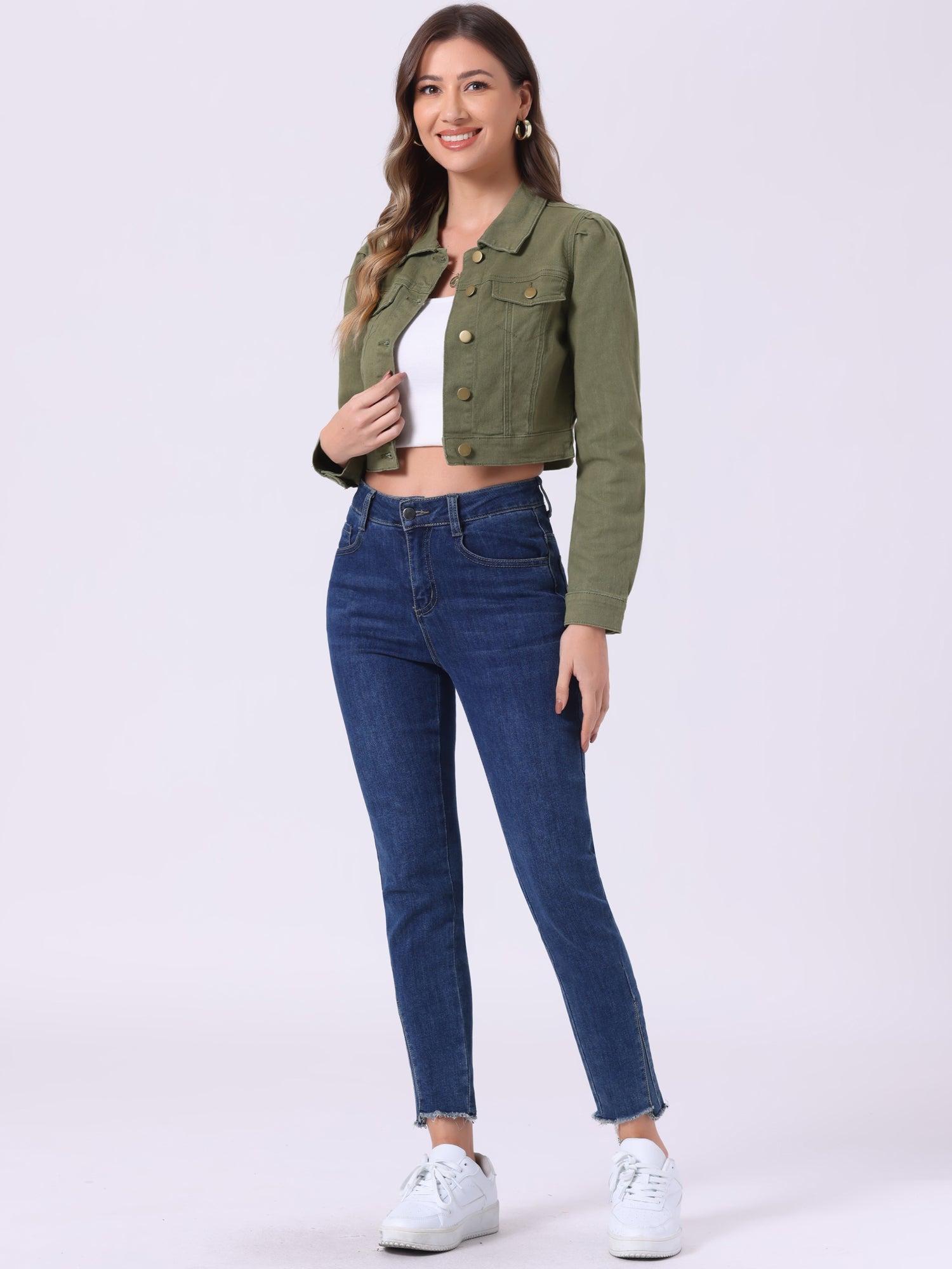 Lightweight Button Down Puff Sleeve Cropped Denim Jacket