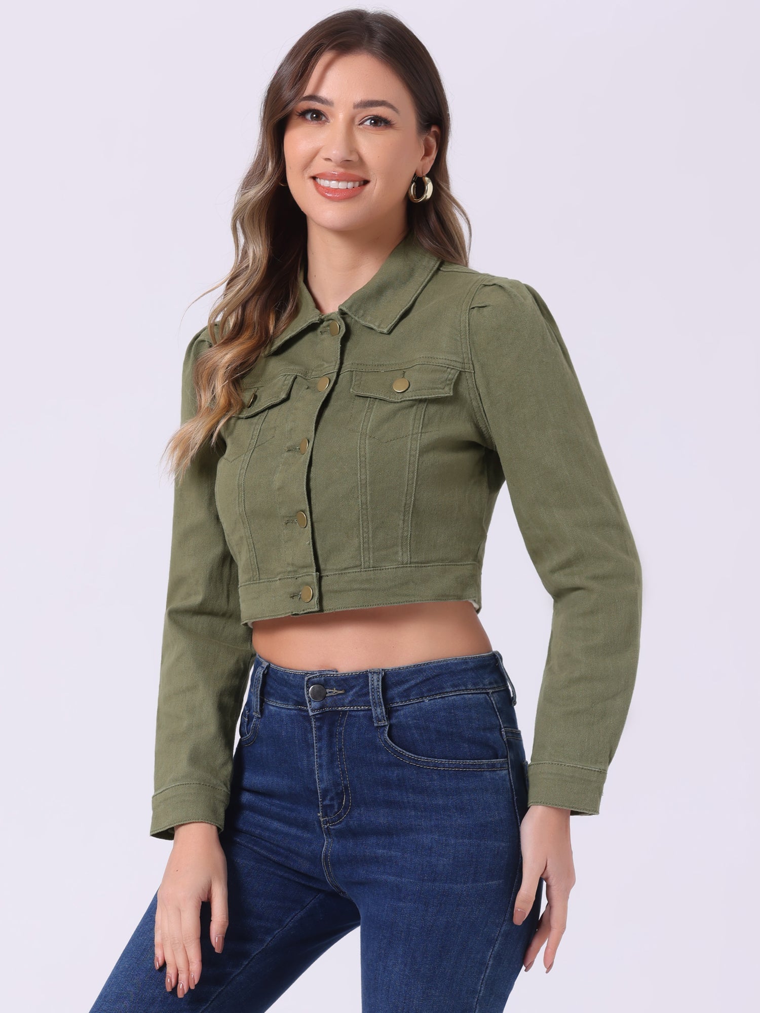 Lightweight Button Down Puff Sleeve Cropped Denim Jacket