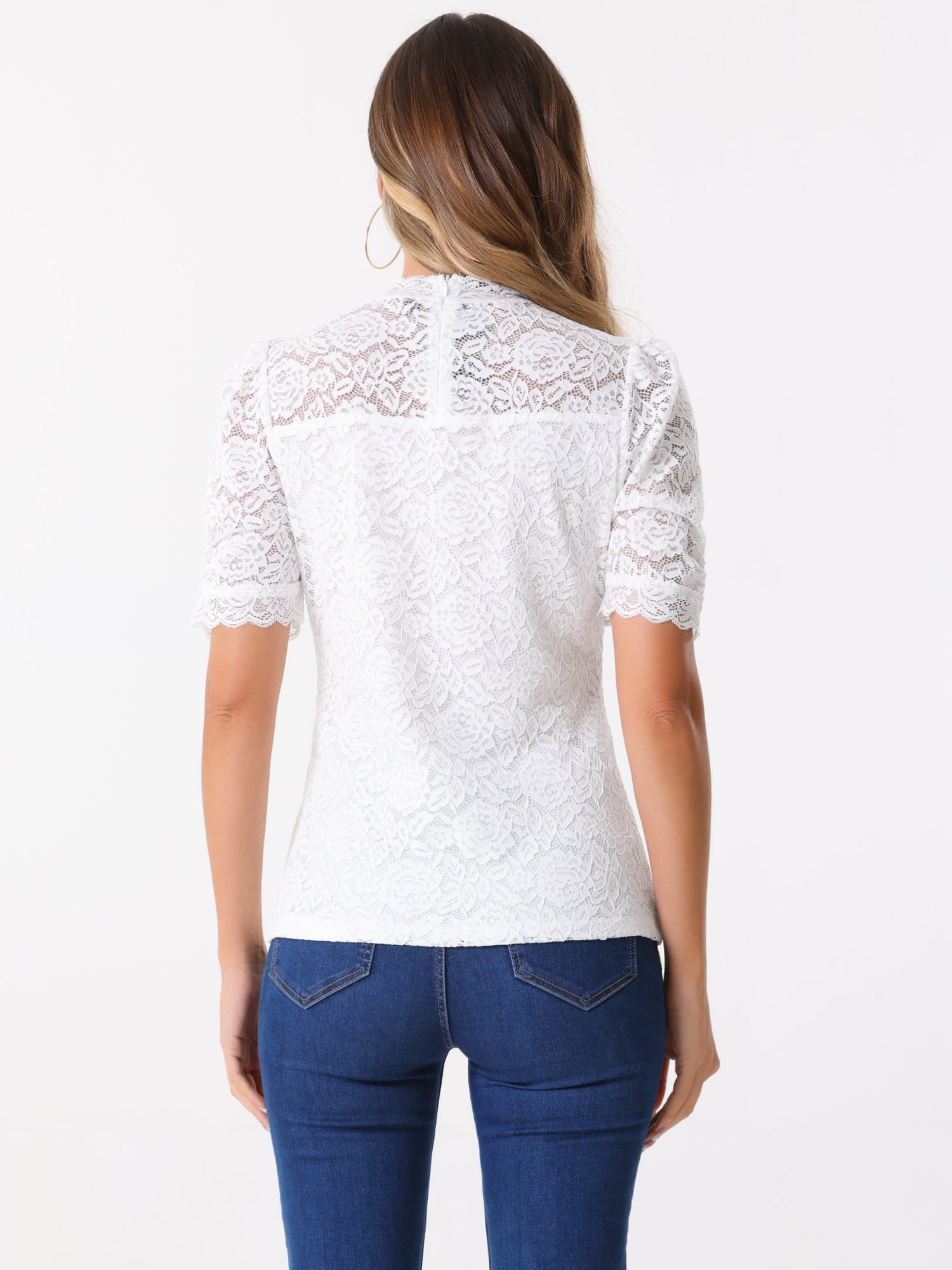 Floral Lace Mock Neck Puff Short Sleeve Blouse