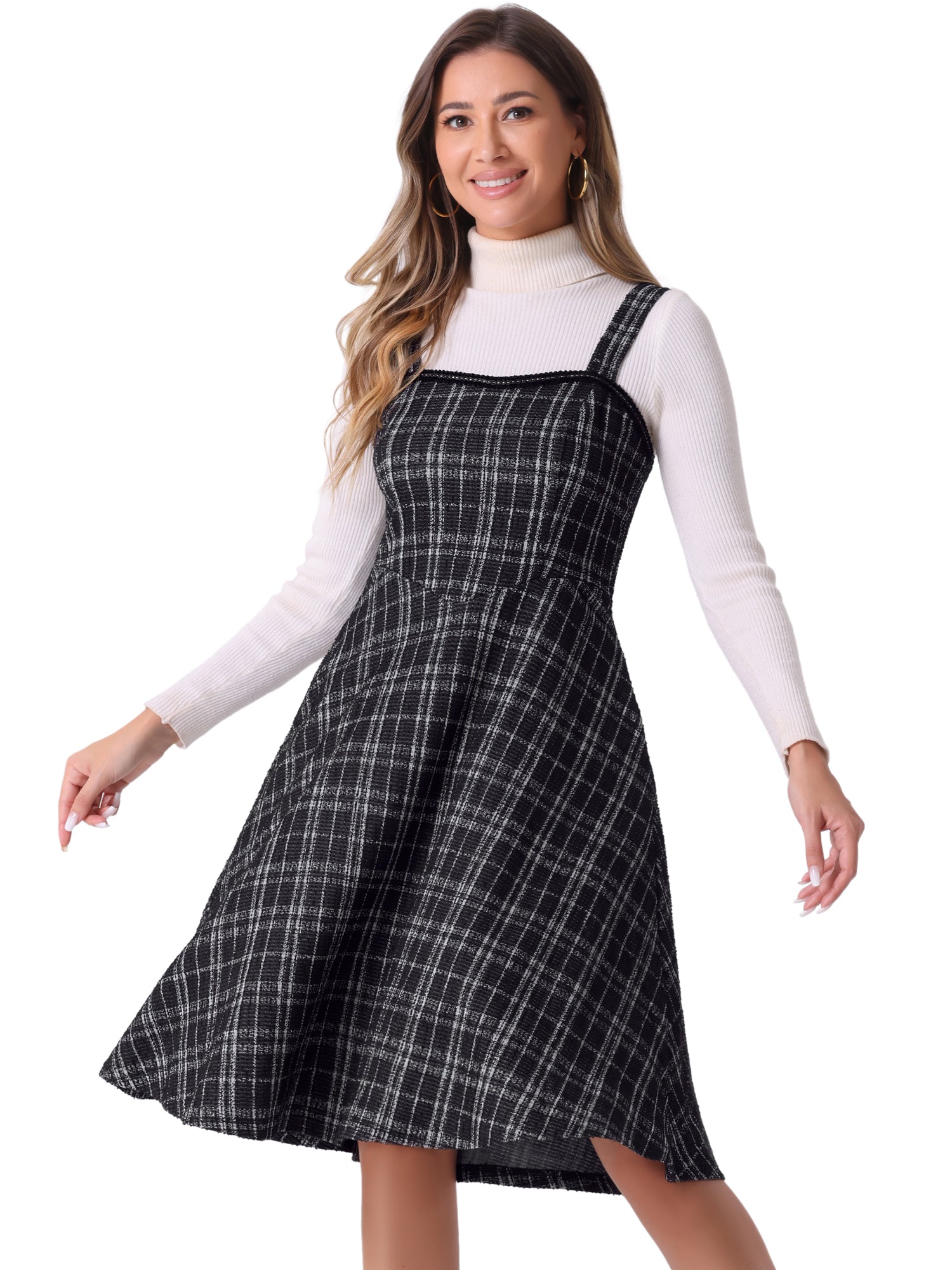 Tweed Plaid Sleeveless Pockets A-Line Pinafore Overall Dress