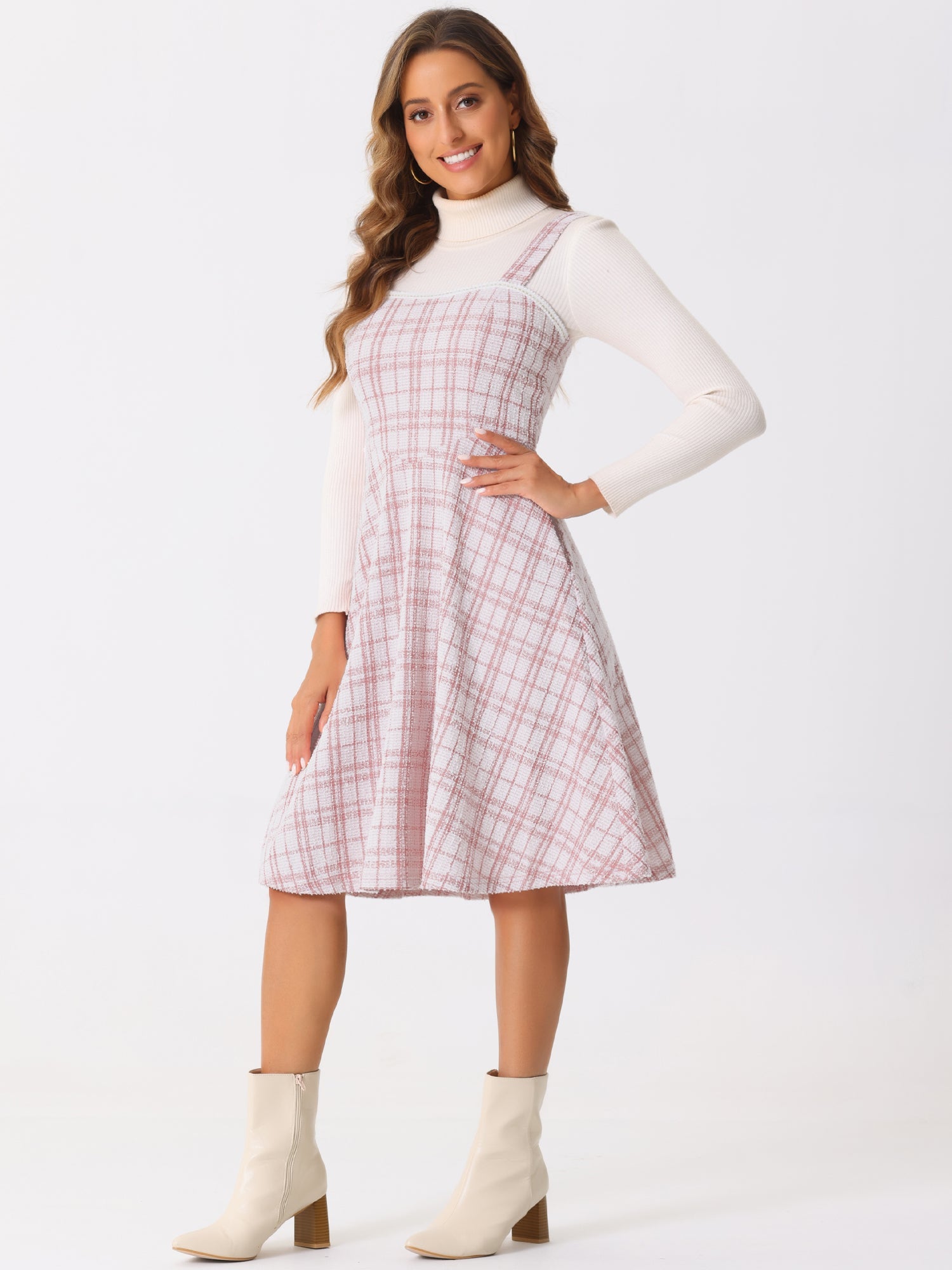 Tweed Plaid Sleeveless Pockets A-Line Pinafore Overall Dress