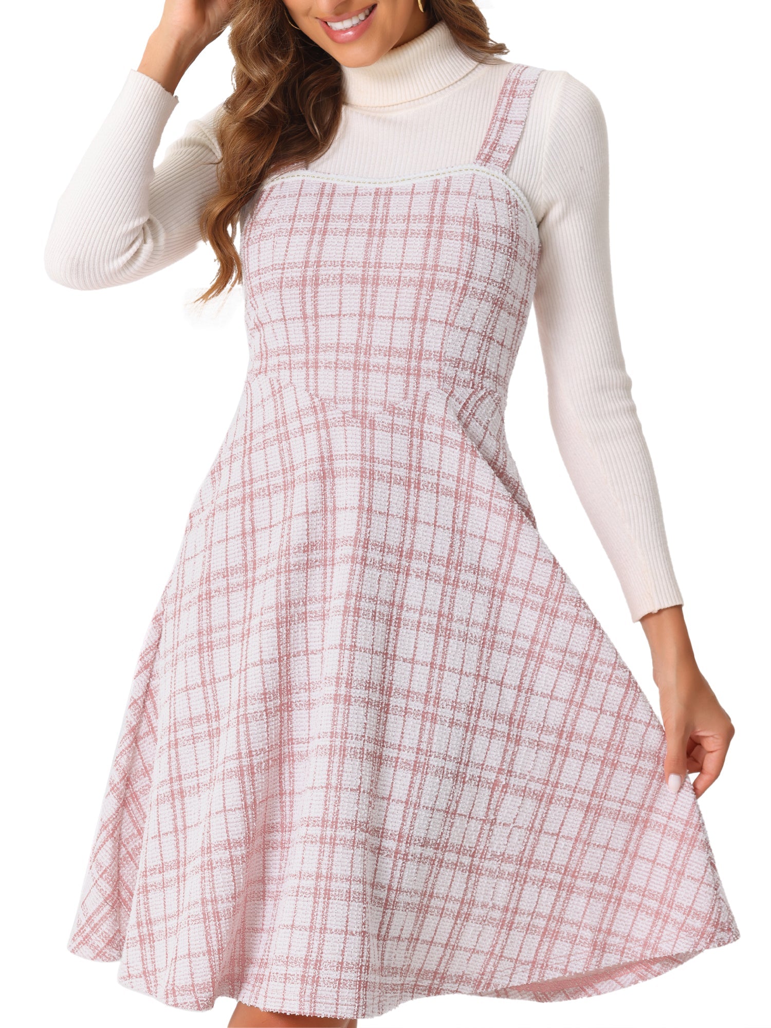 Tweed Plaid Sleeveless Pockets A-Line Pinafore Overall Dress