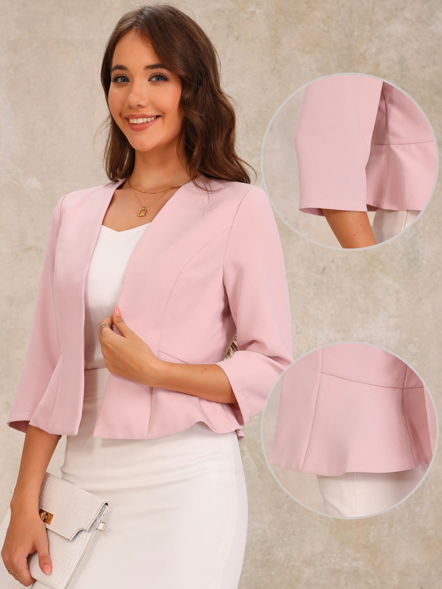 Open Front Collarless 3/4 Sleeve Peplum Cropped Jacket