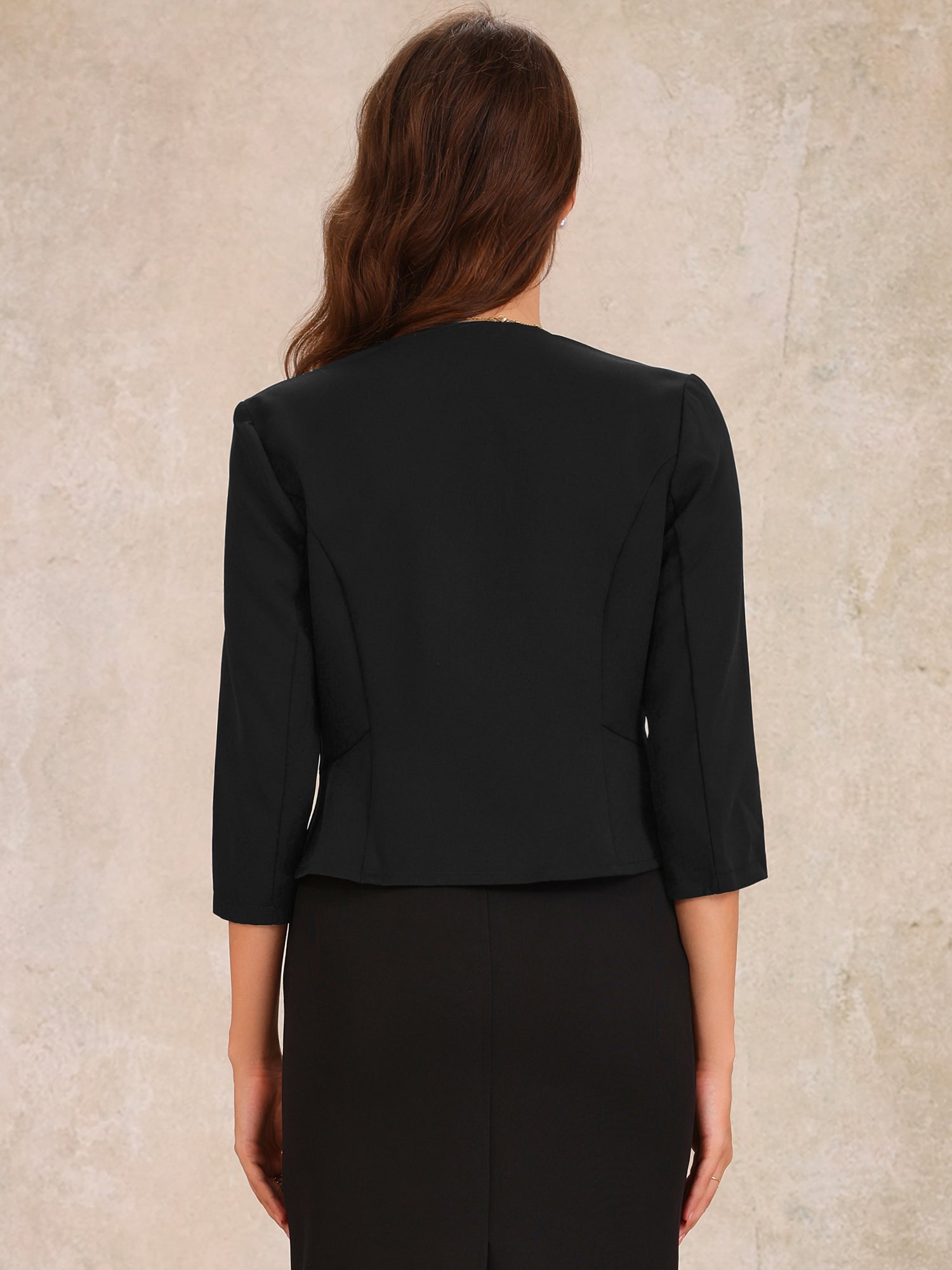 Open Front Collarless 3/4 Sleeve Peplum Cropped Jacket