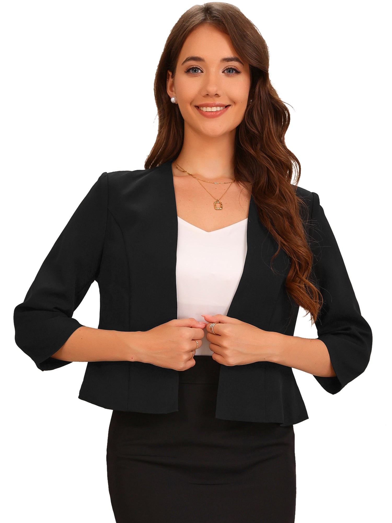 Open Front Collarless 3/4 Sleeve Peplum Cropped Jacket