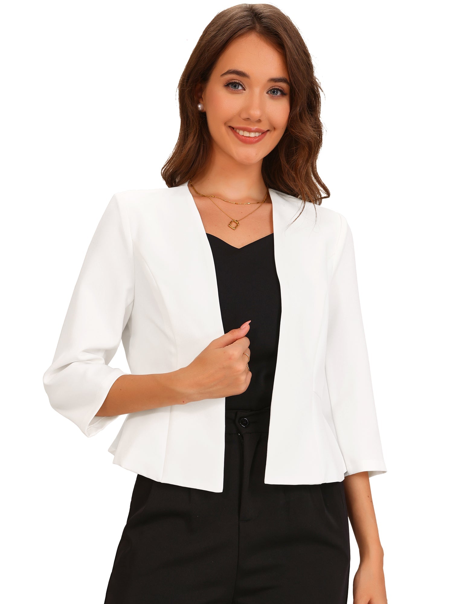 Open Front Collarless 3/4 Sleeve Peplum Cropped Jacket