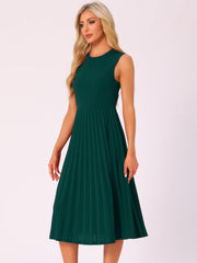 Sleeveless Pleated Crew Neck A-Line Midi Dress