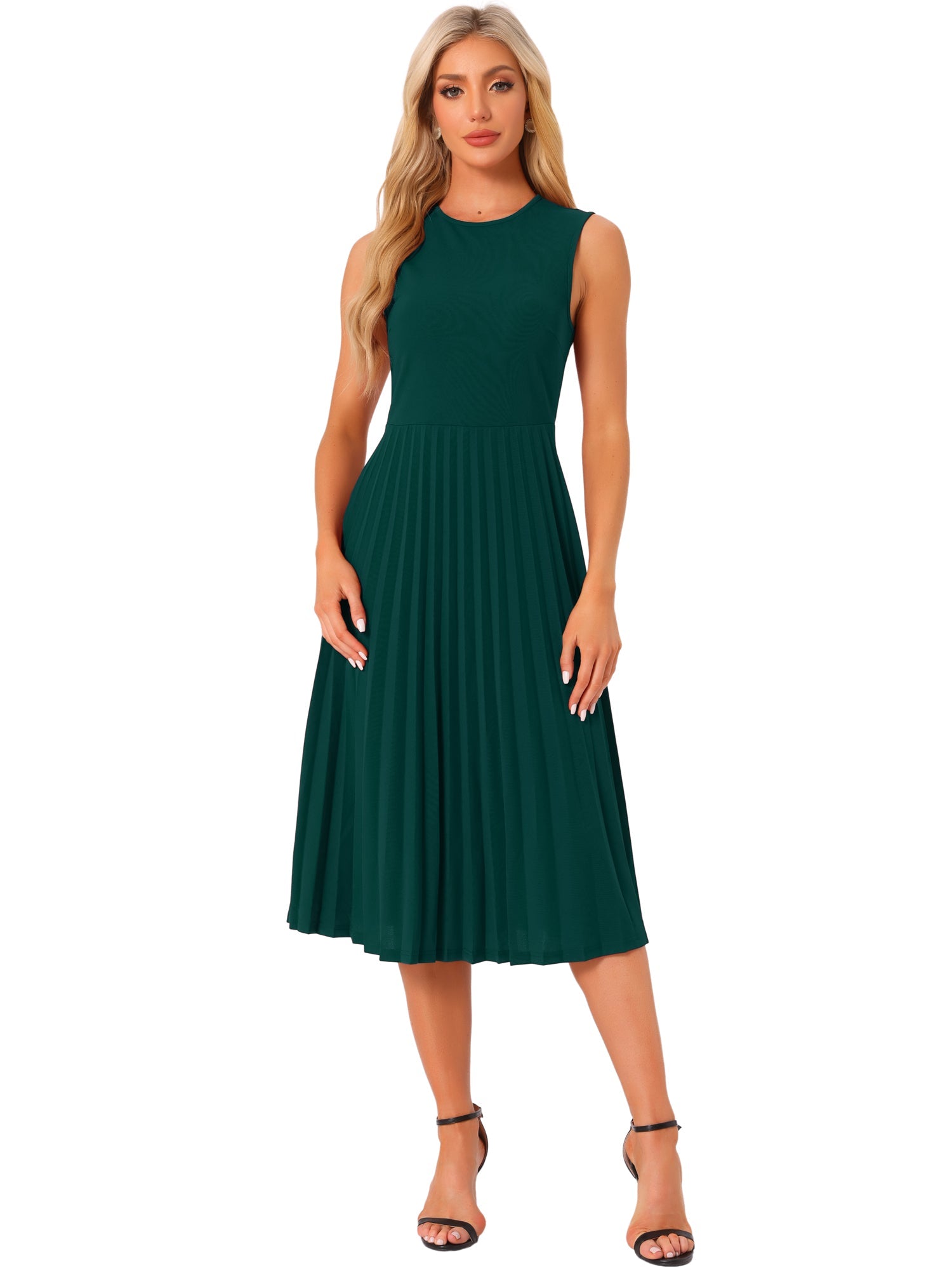 Sleeveless Pleated Crew Neck A-Line Midi Dress