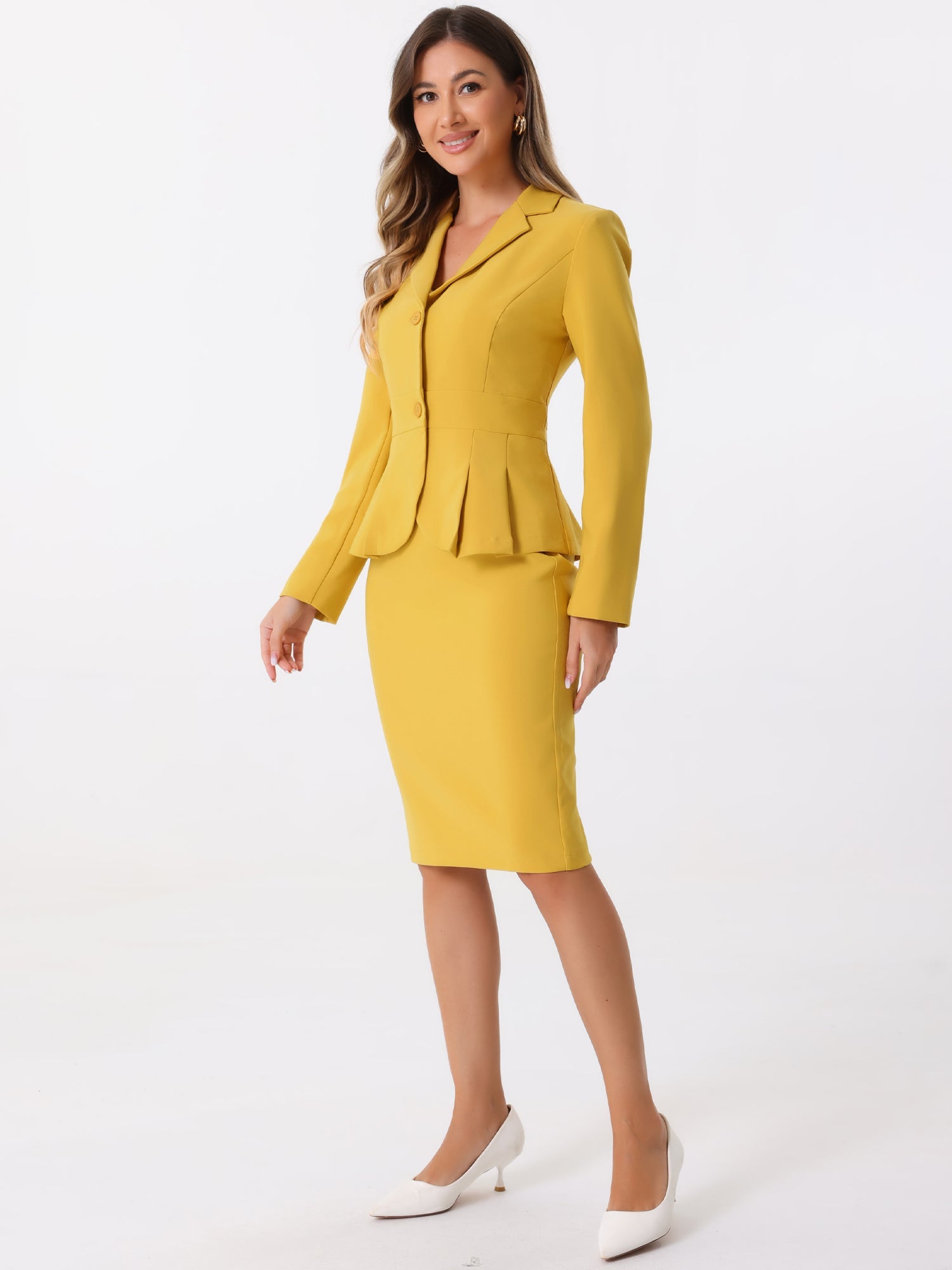 2 Piece Long Sleeve Notched Lapel Peplum Blazer Pencil Skirt Suit Set