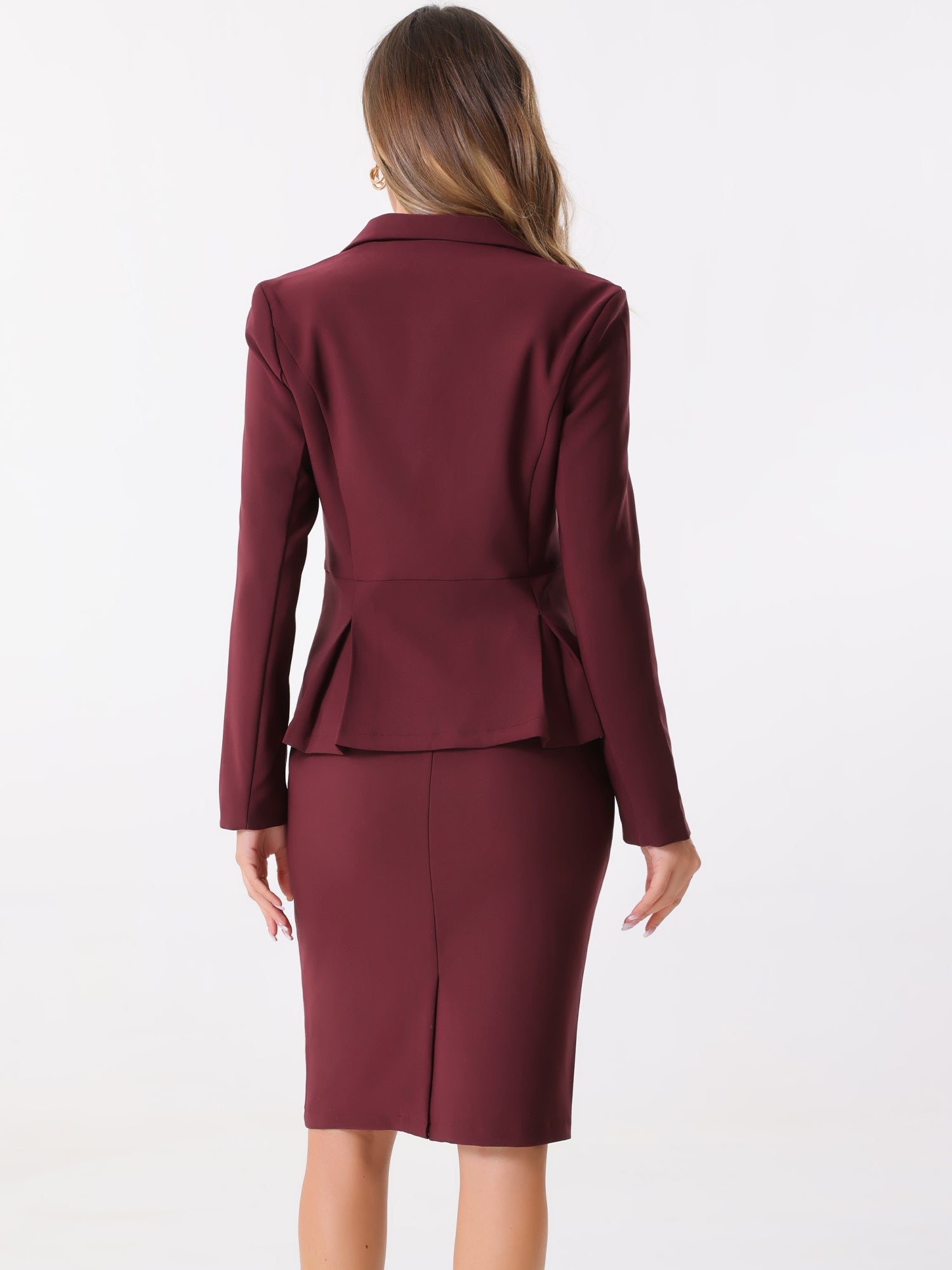 2 Piece Long Sleeve Notched Lapel Peplum Blazer Pencil Skirt Suit Set