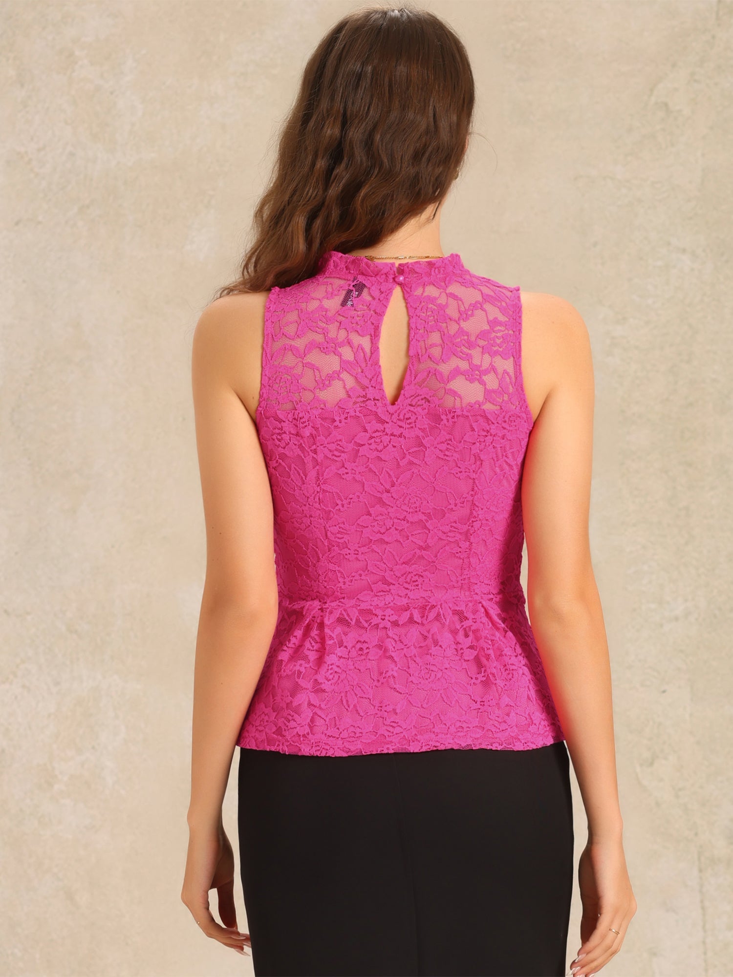 Lace Floral Ruffle Neck Keyhole Back Sleeveless Peplum Top