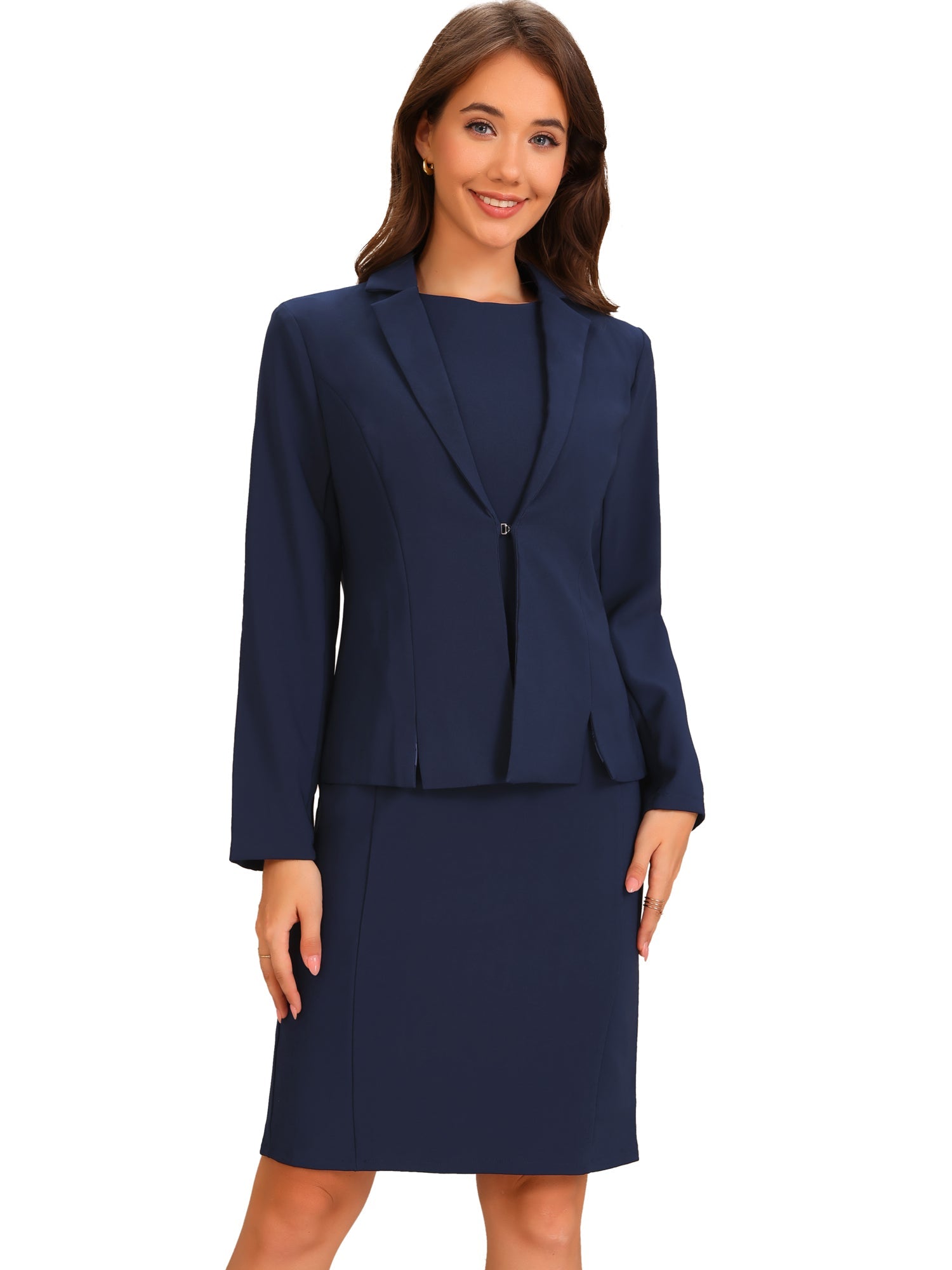 2 Pieces Sleeveless Midi Sheath Dress & Long Sleeve Blazer Set
