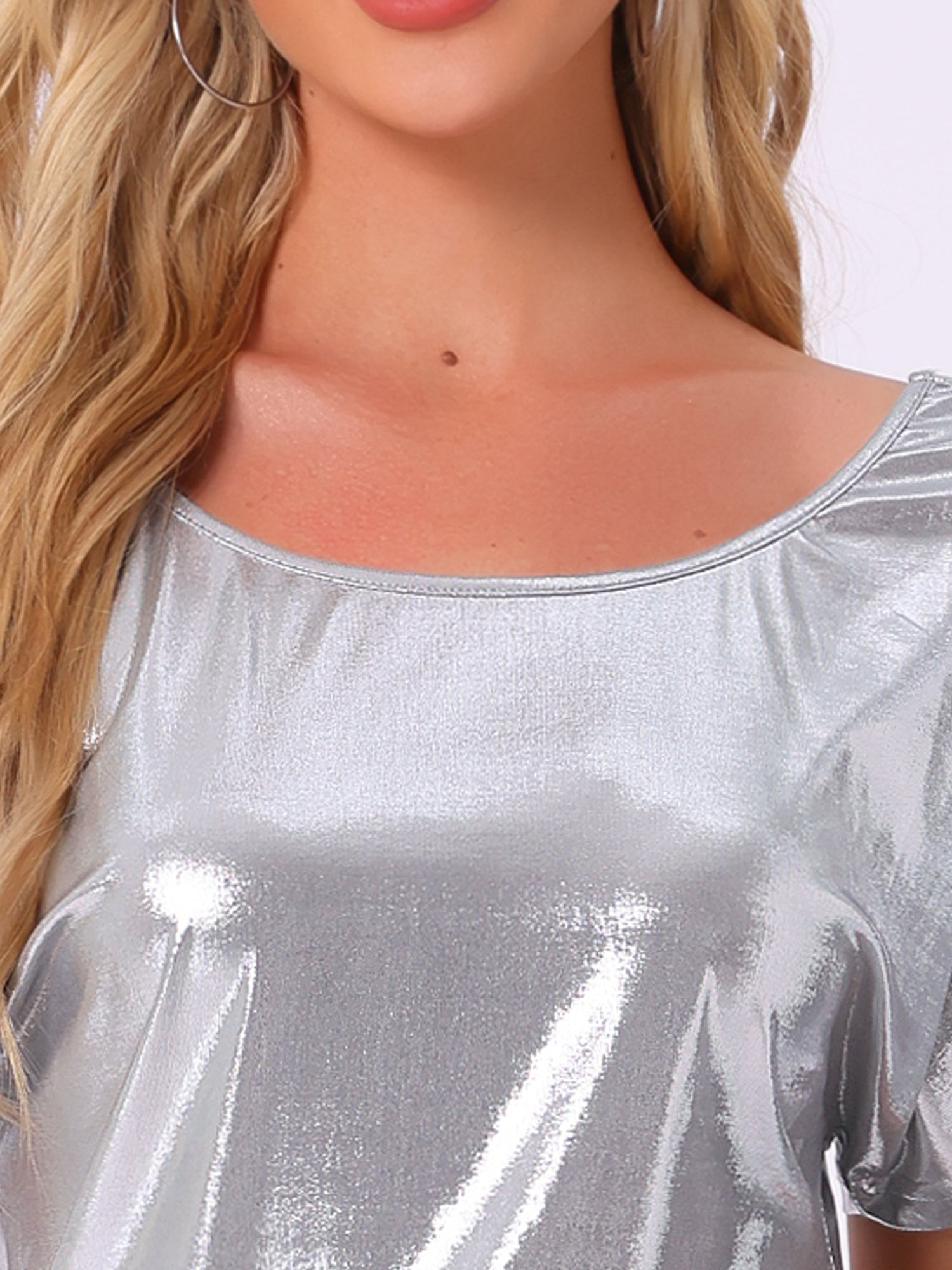 Metallic Off Shoulder Short Sleeve Loose Party Sparkly Blouse